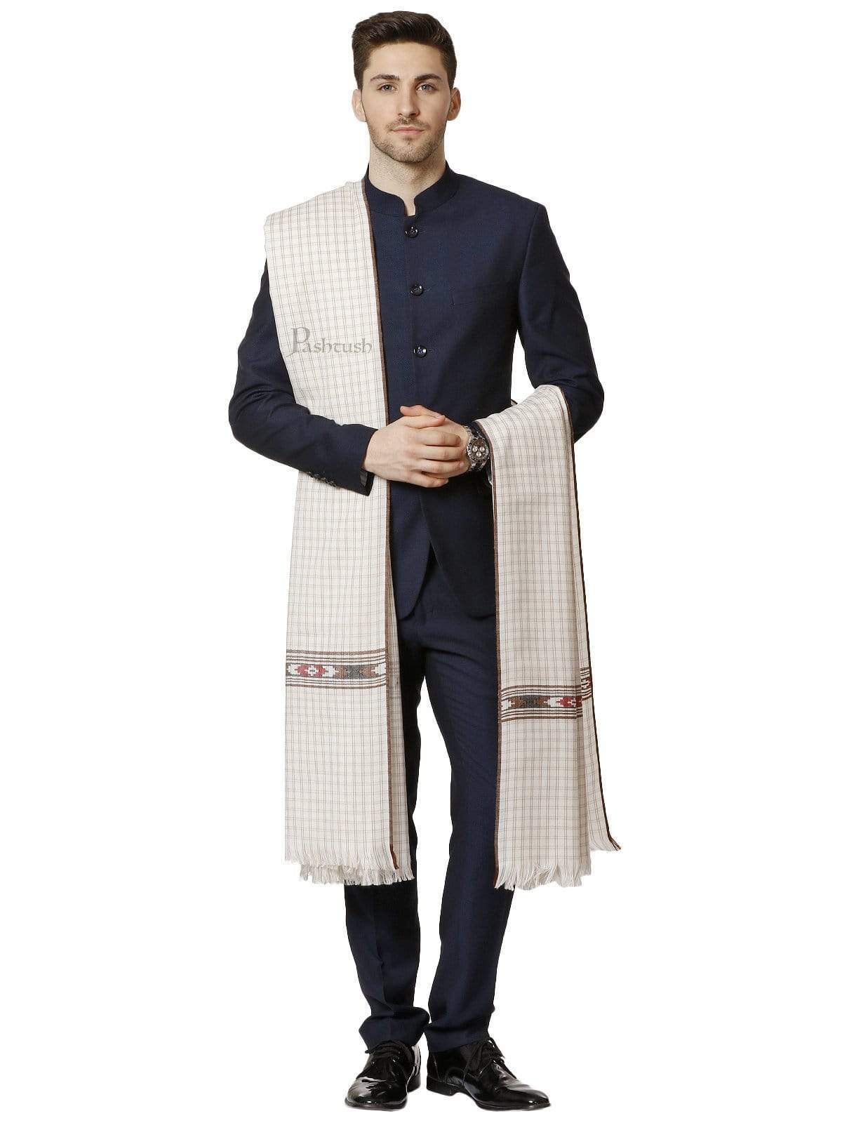 Pashtush Mens Aztec Weave Shawl With Checkered Weave, White