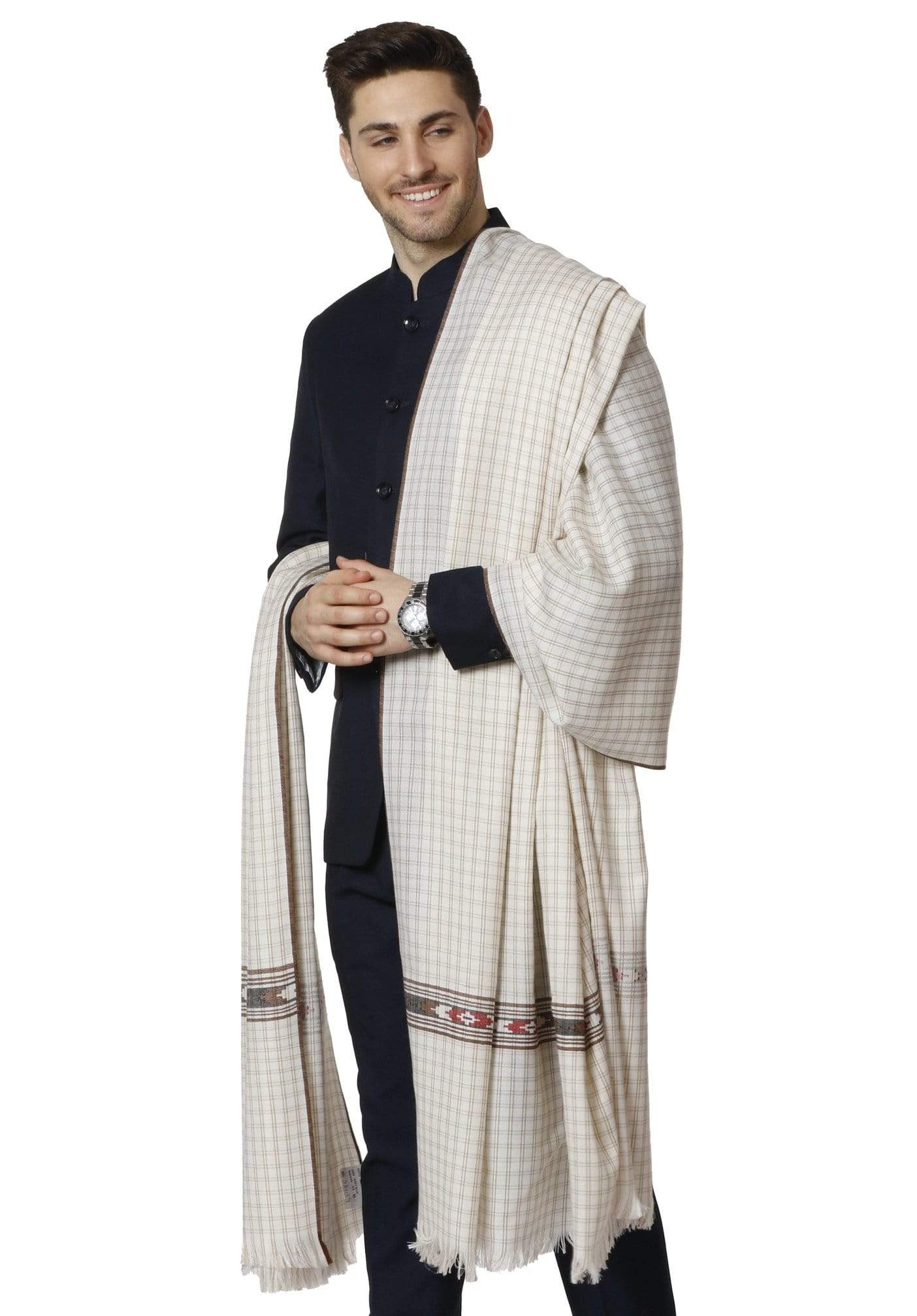 Pashtush Mens Aztec Weave Shawl With Checkered Weave, White - Image 6
