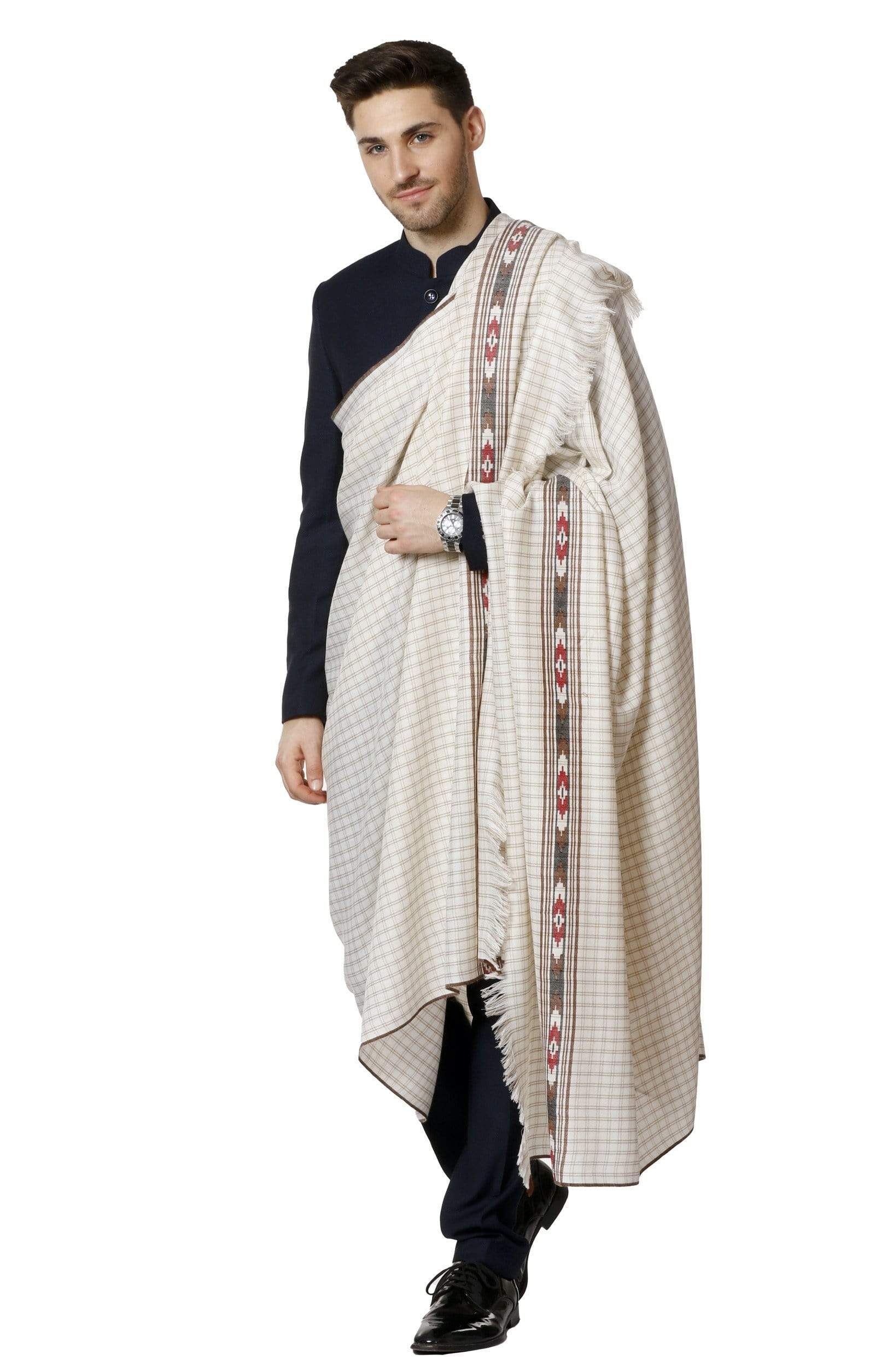 Pashtush Mens Aztec Weave Shawl With Checkered Weave, White - Image 8