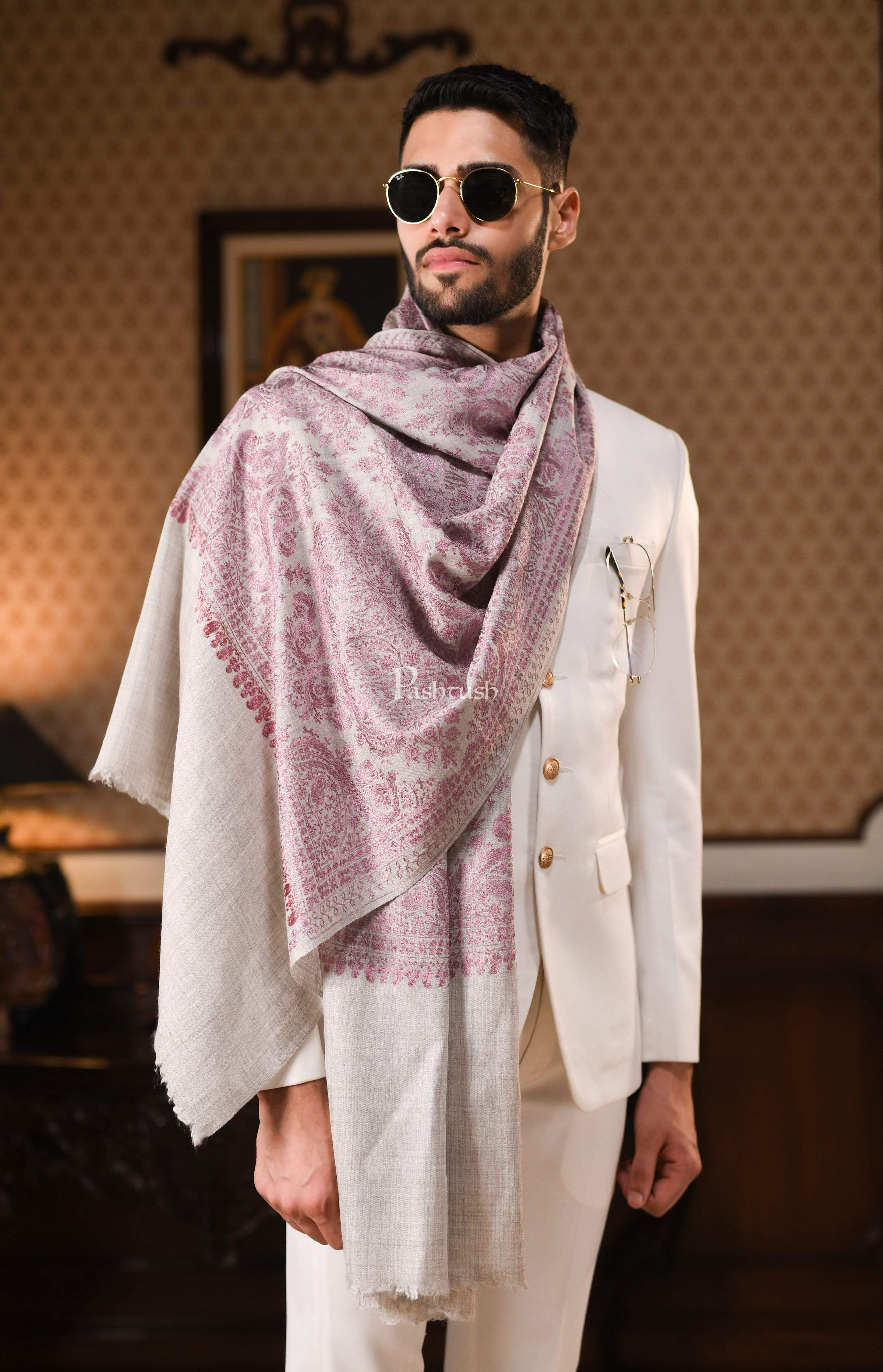 Pashtush Mens Silk-Fine Wool Fine Wool, Nalki Embroidery Needlework Stole