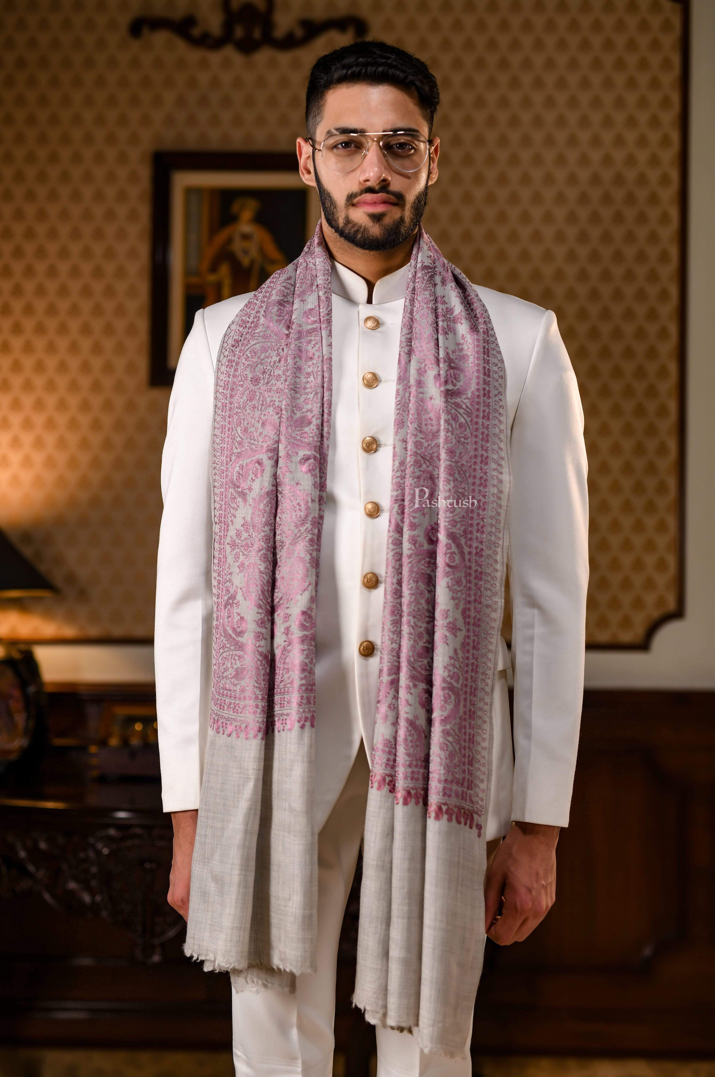 Pashtush Mens Silk-Fine Wool Fine Wool, Nalki Embroidery Needlework Stole - Image 4