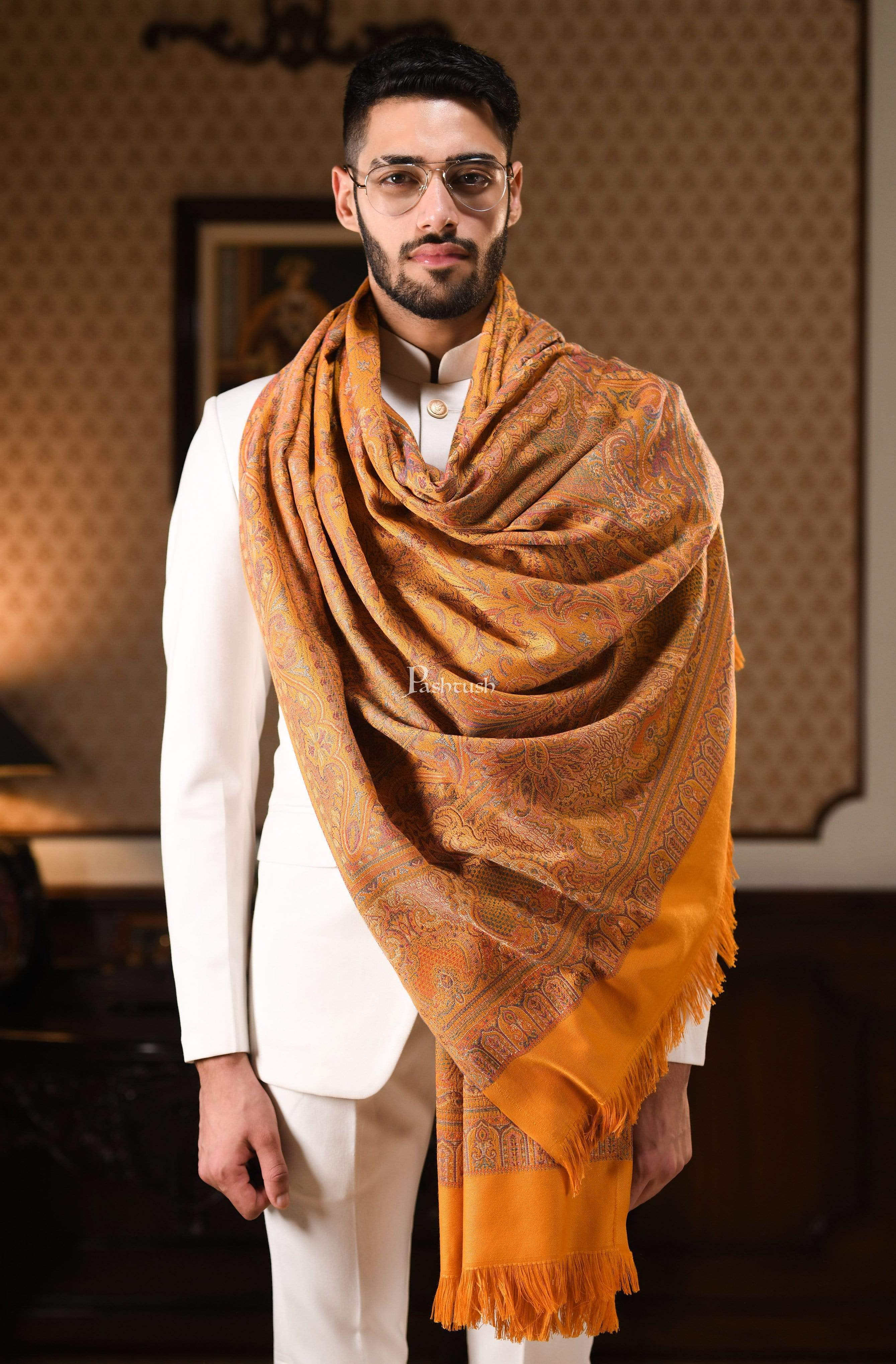 Pashtush Mens Jamawar Stole, Mustard