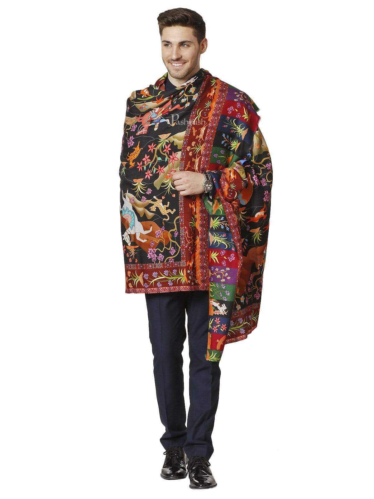 Pashtush Mens Mughal Shikaardar, Luxury Printed Shawl On 100% Pure Wool, Woolmark Certified