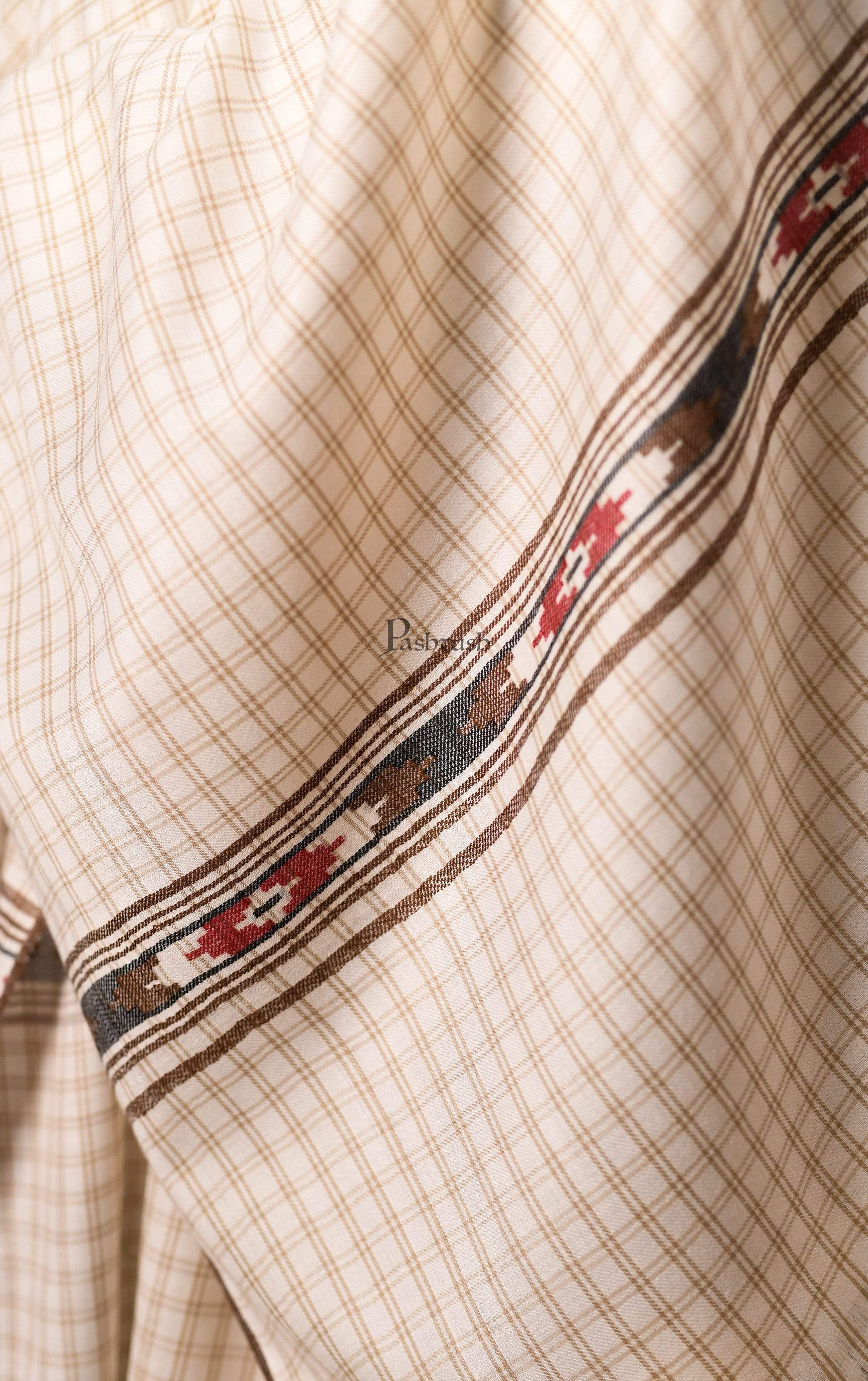 Pashtush Woven Aztec Design Mens Full Size Shawl In Extra Fine Wool - Ivory - Image 2