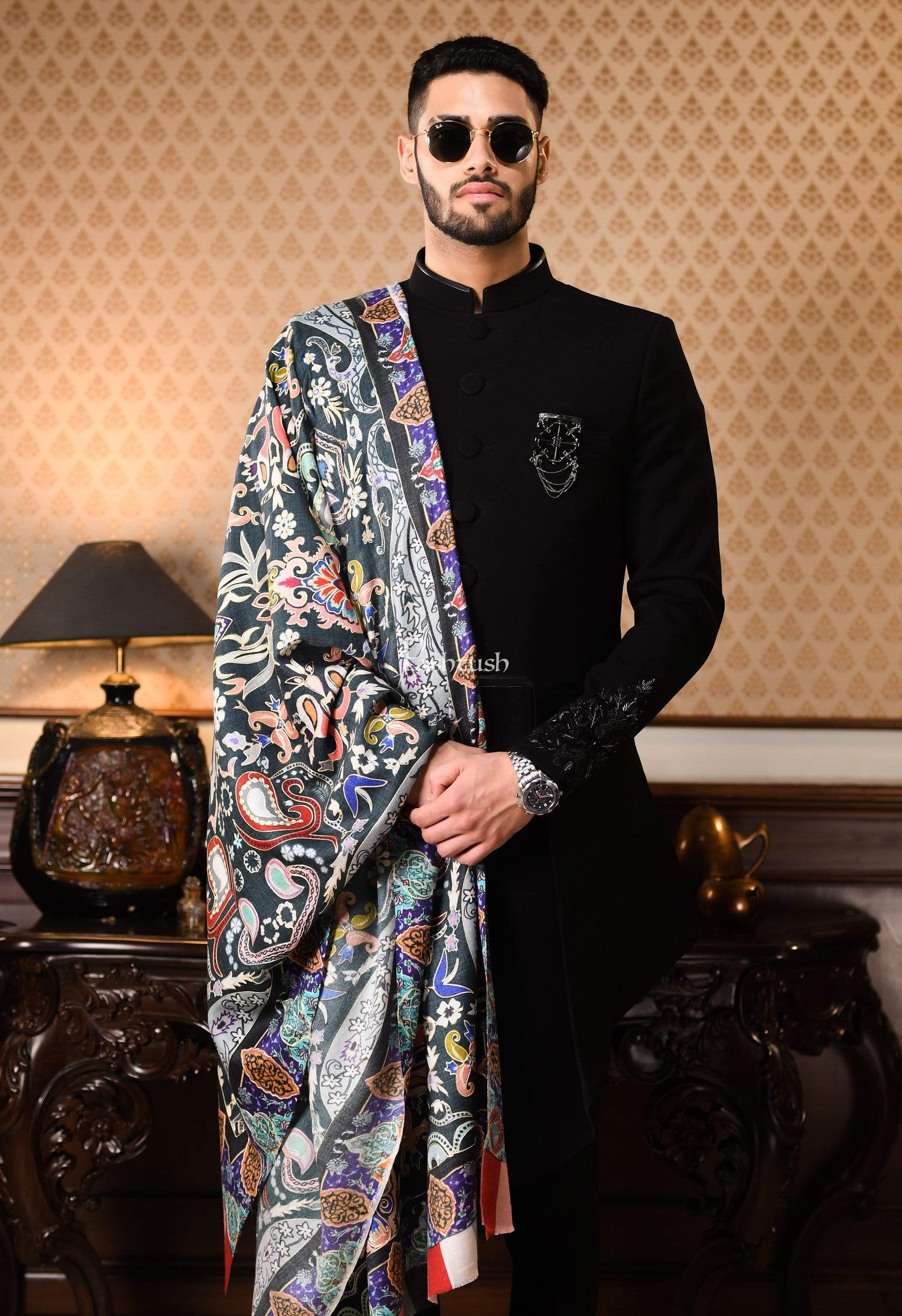 Pashtush Mens Printed Stole, Multicoloured, 100% Pure Wool (Woolmark Certified)