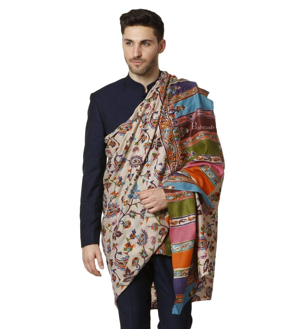 Pashtush Mens Hand Embroidered Kalamkari Shawl, Fine Wool