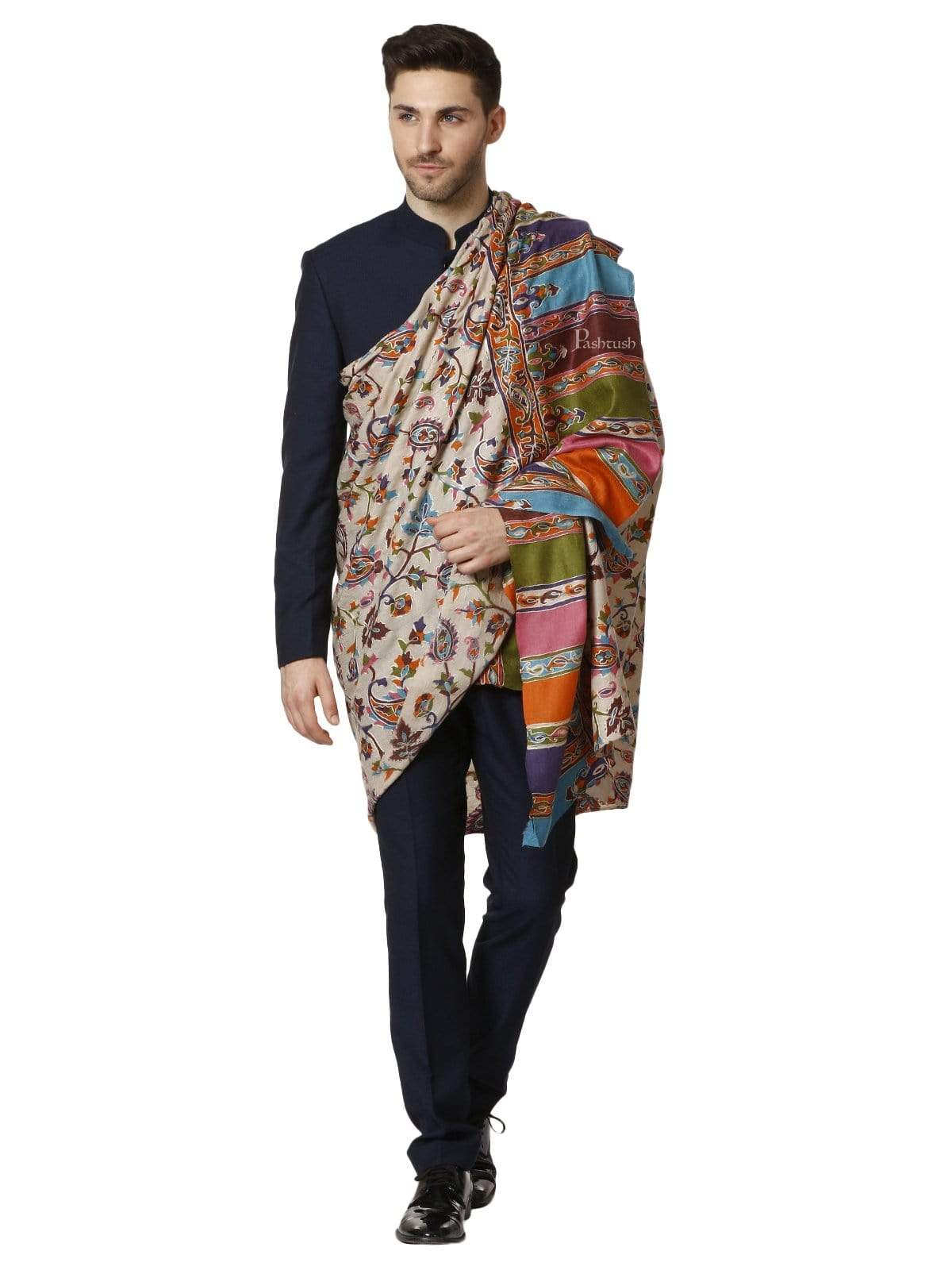 Pashtush Mens Hand Embroidered Kalamkari Shawl, Fine Wool - Image 4