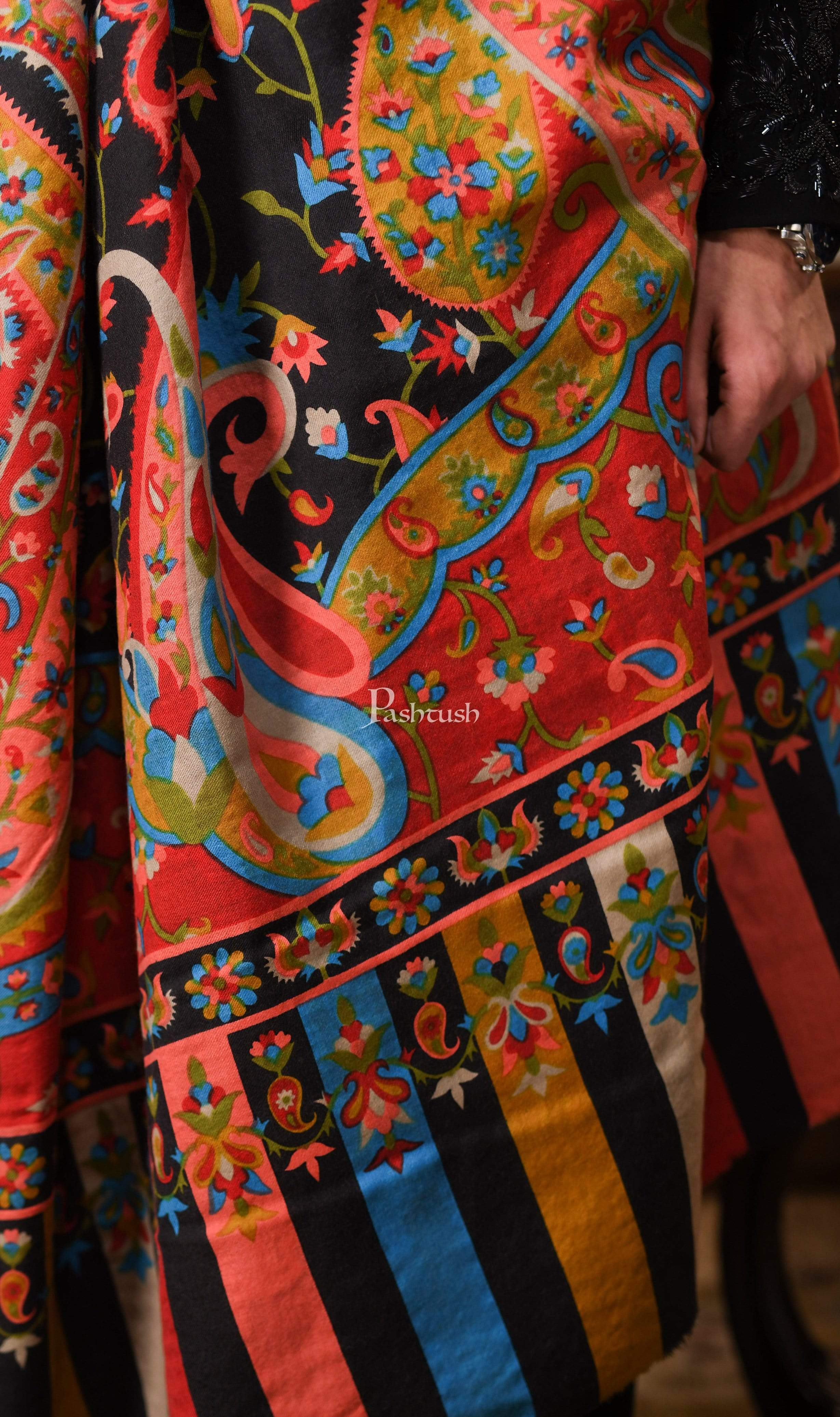 Pashtush Mens Hand Embroidered Kalamkari Shawl, Fine Wool - Image 2