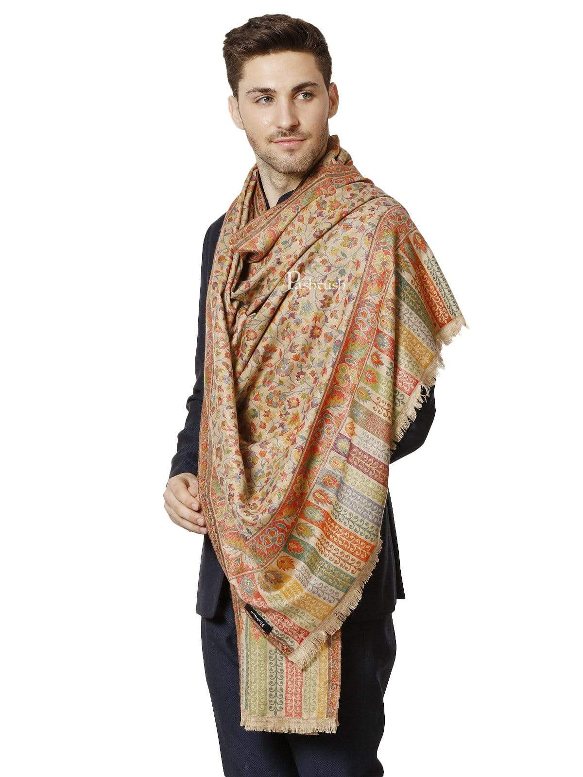 Pashtush Mens Ethnic Weave Ethnic Stole, Beige - Image 4