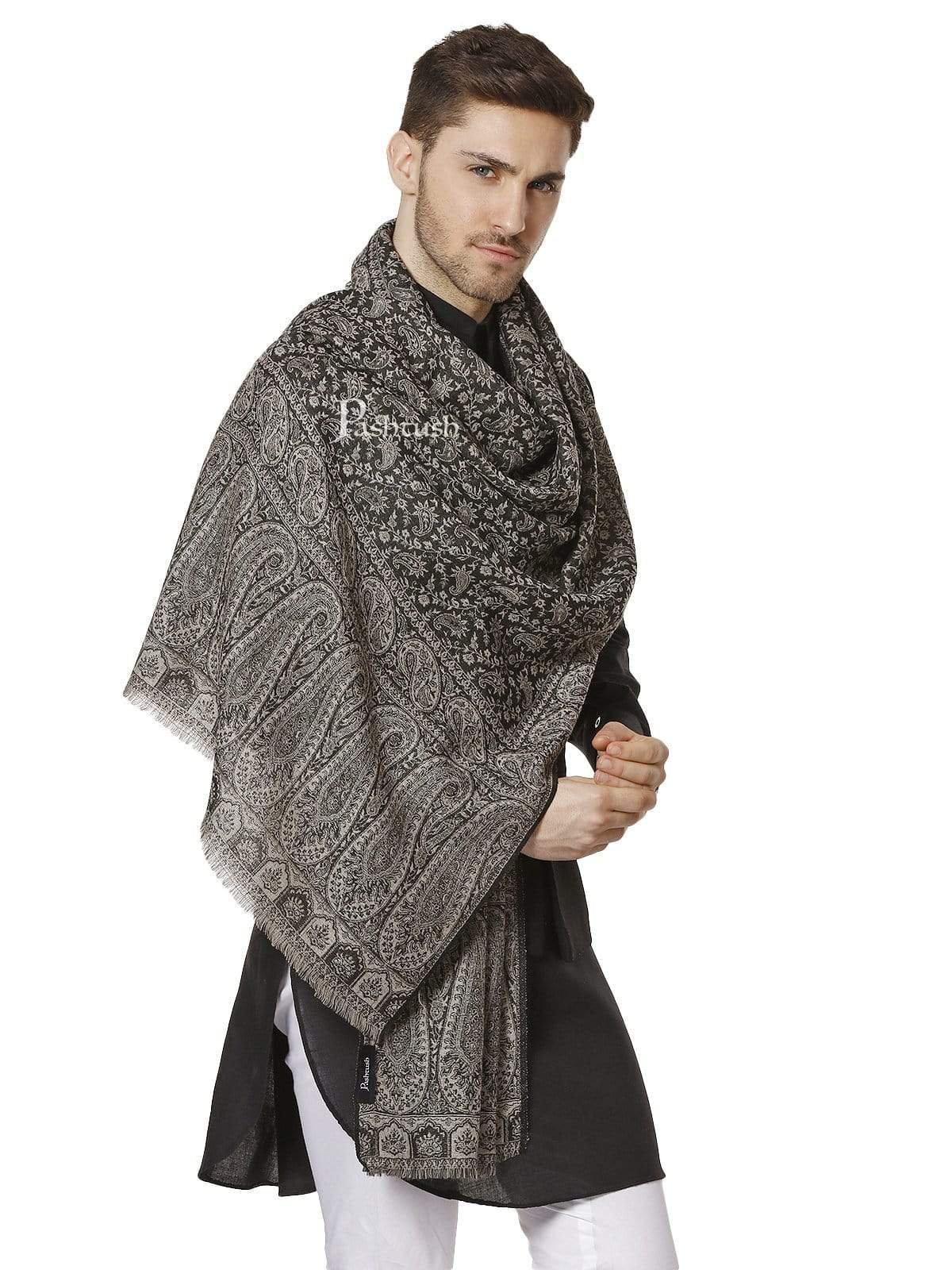 Pashtush Mens Fine Wool Luxury Stole, Soft And Warm, Black And Grey - Image 3
