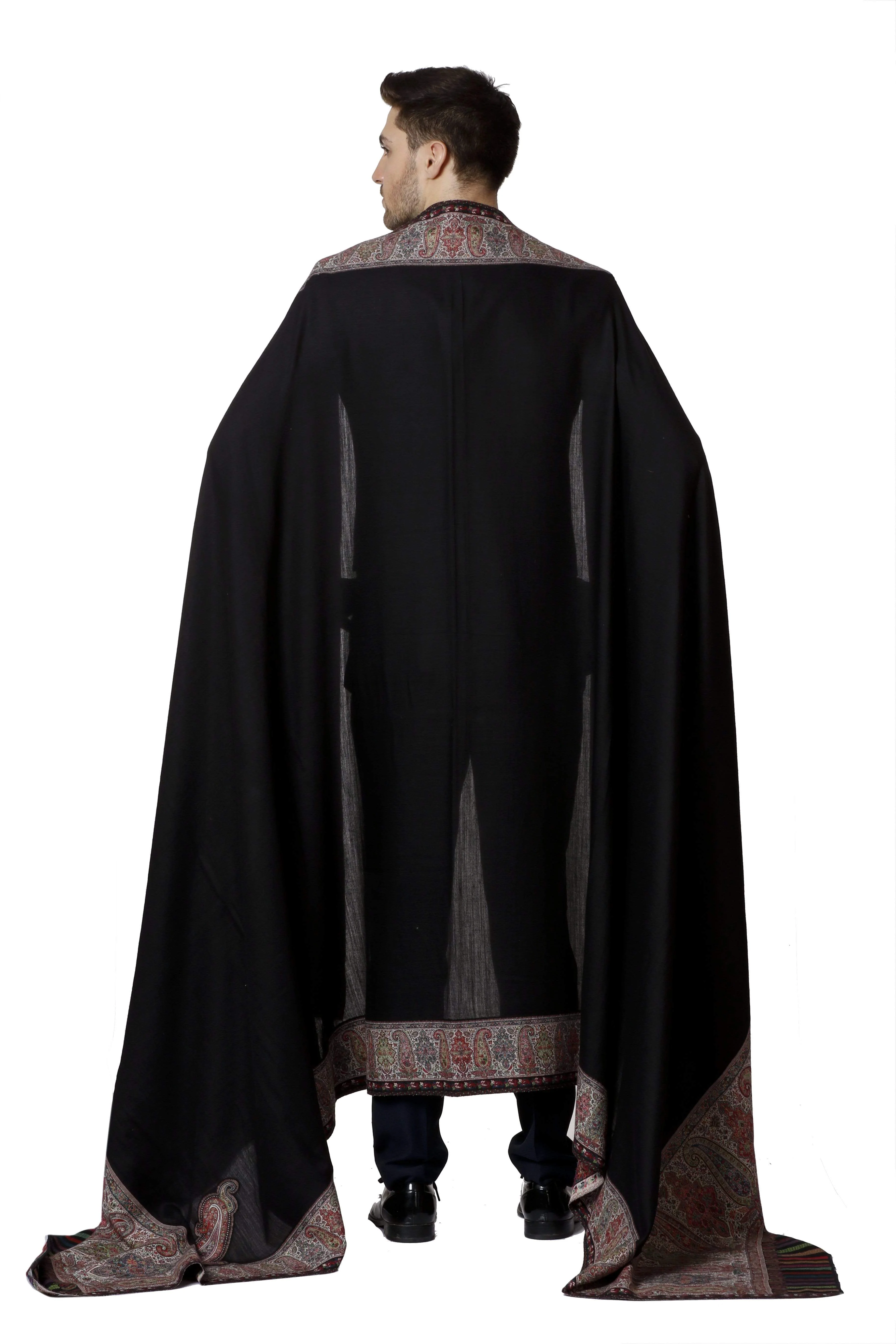 Pashtush Mens Black Shawl, With Palle-Dar Ethnic Weave, Fine Wool, Full Size - Image 4