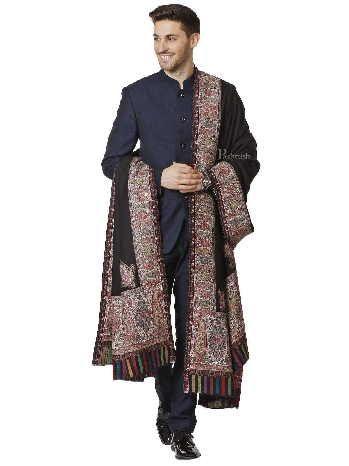 Pashtush Mens Black Shawl, With Palle-Dar Ethnic Weave, Fine Wool, Full Size - Image 5