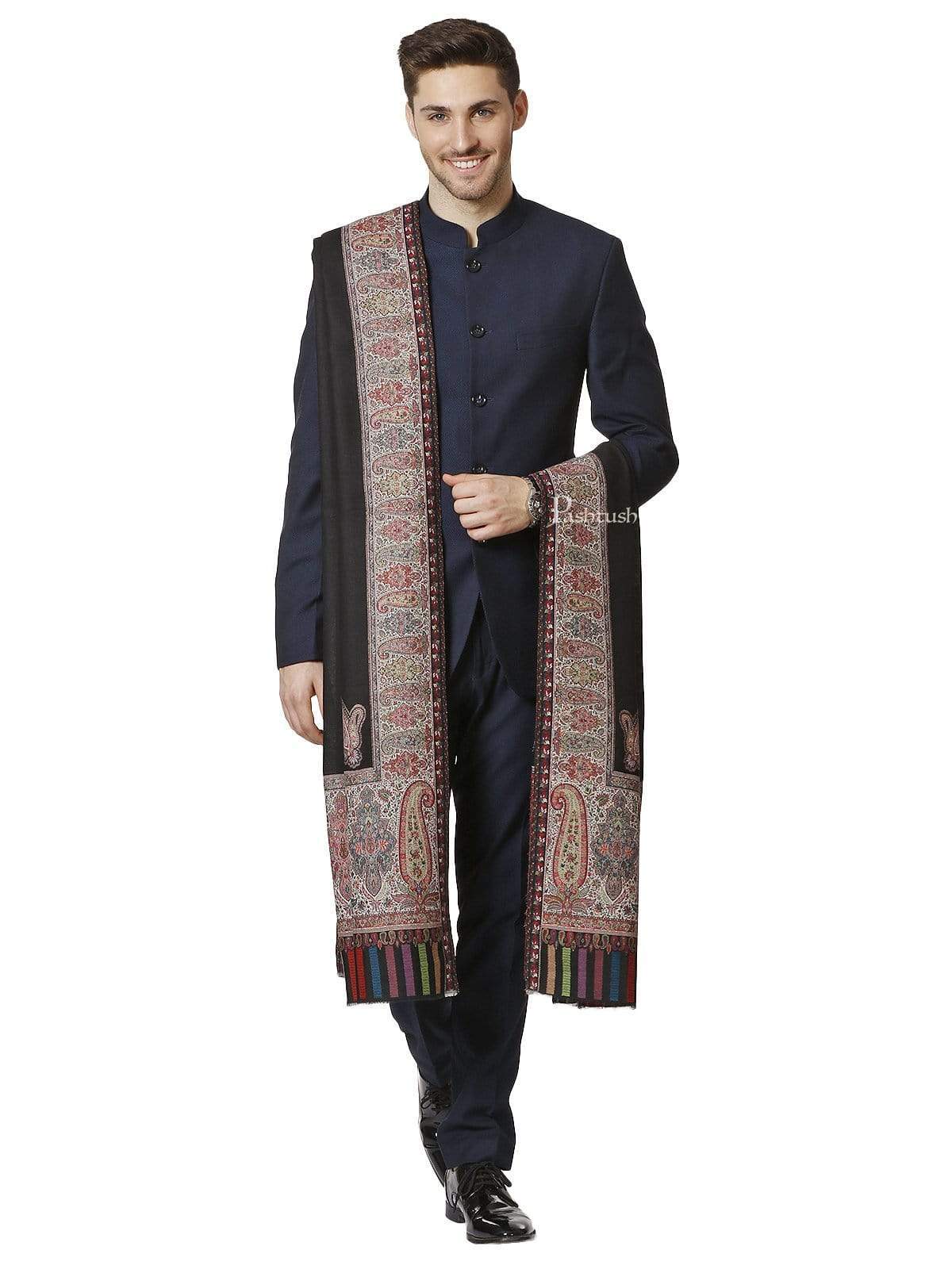 Pashtush Mens Black Shawl, With Palle-Dar Ethnic Weave, Fine Wool, Full Size - Image 7