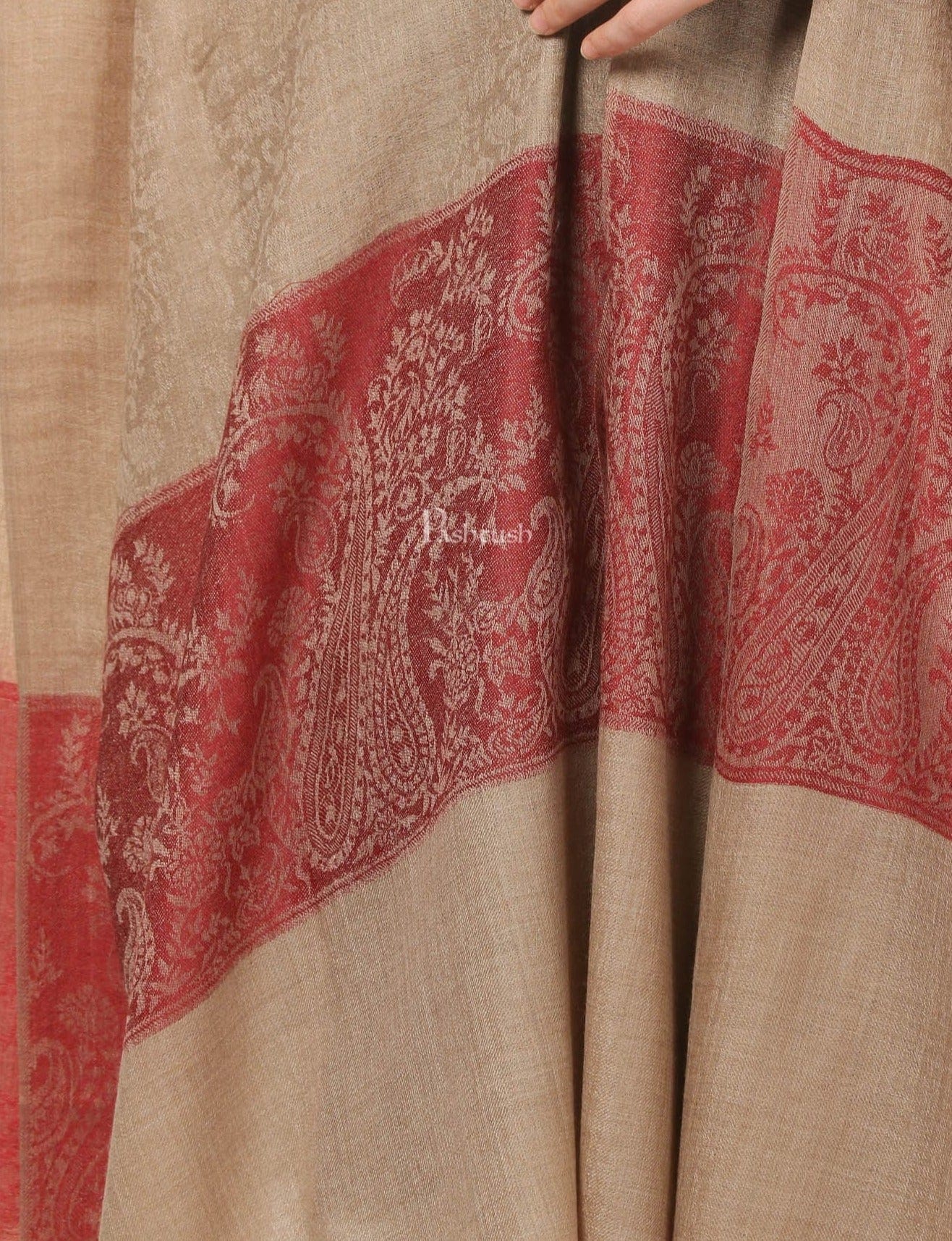 Pashtush Mens Shawl, Extra Fine Wool, Taupe with Maroon Palla, Paisley Weave