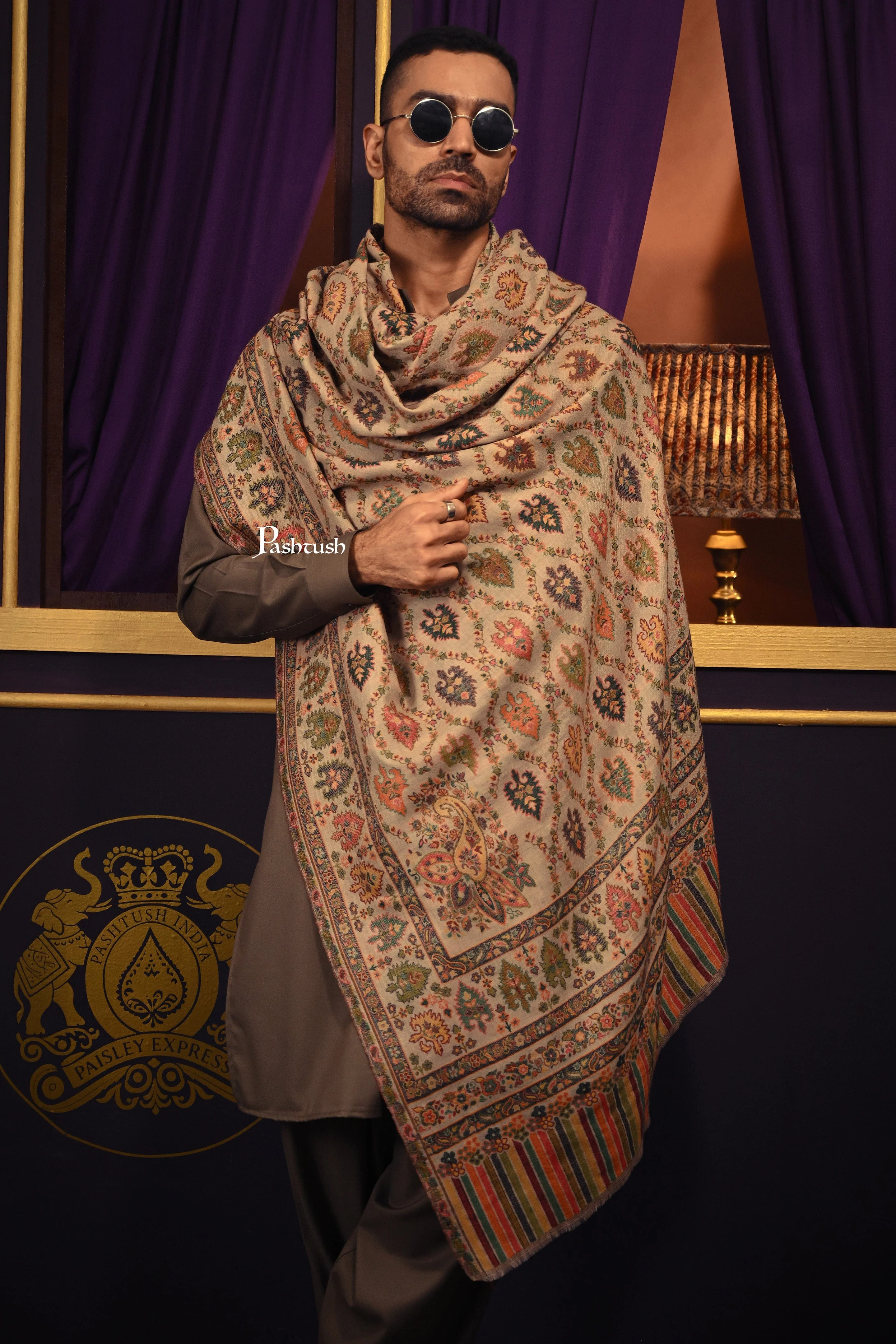 Pashtush Mens Shawl, Fine Wool, Full Size, Ethnic Jamawar Woven Design, Beige
