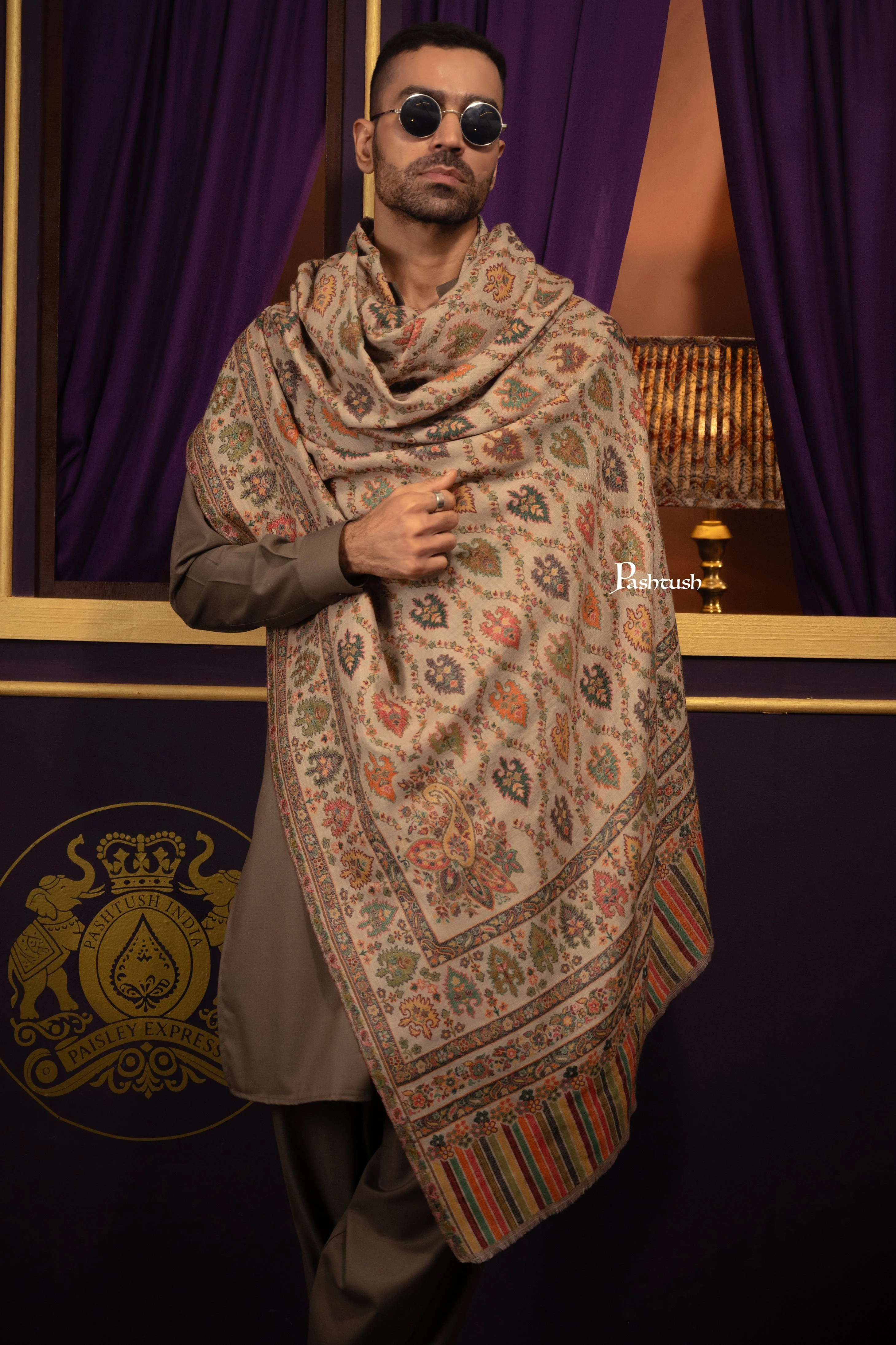 Pashtush Mens Shawl, Fine Wool, Full Size, Ethnic Jamawar Woven Design, Beige - Image 5