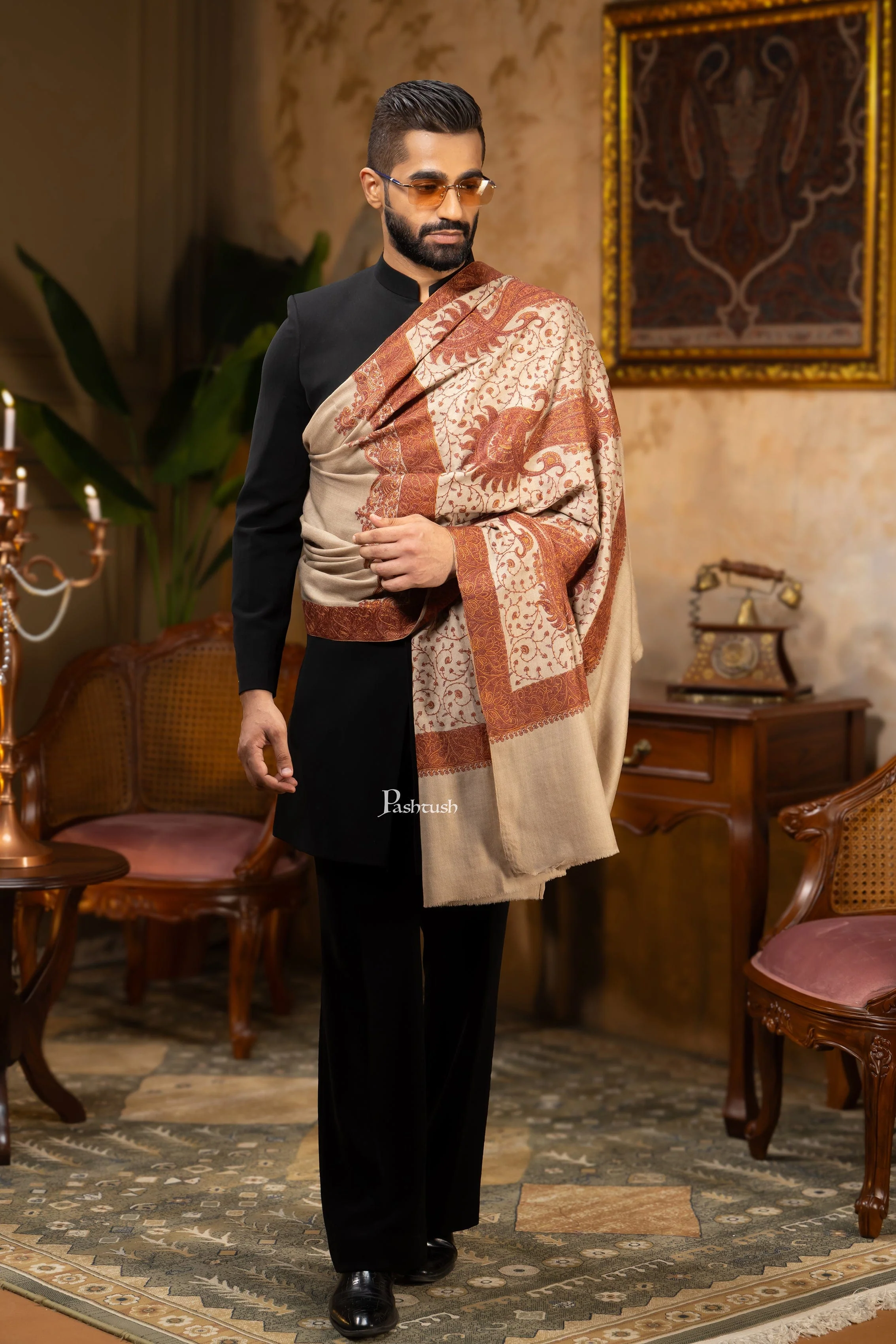 Pashtush Mens Shawl, Fine Wool, Full Size, Palla Embroidery, Taupe - Image 2