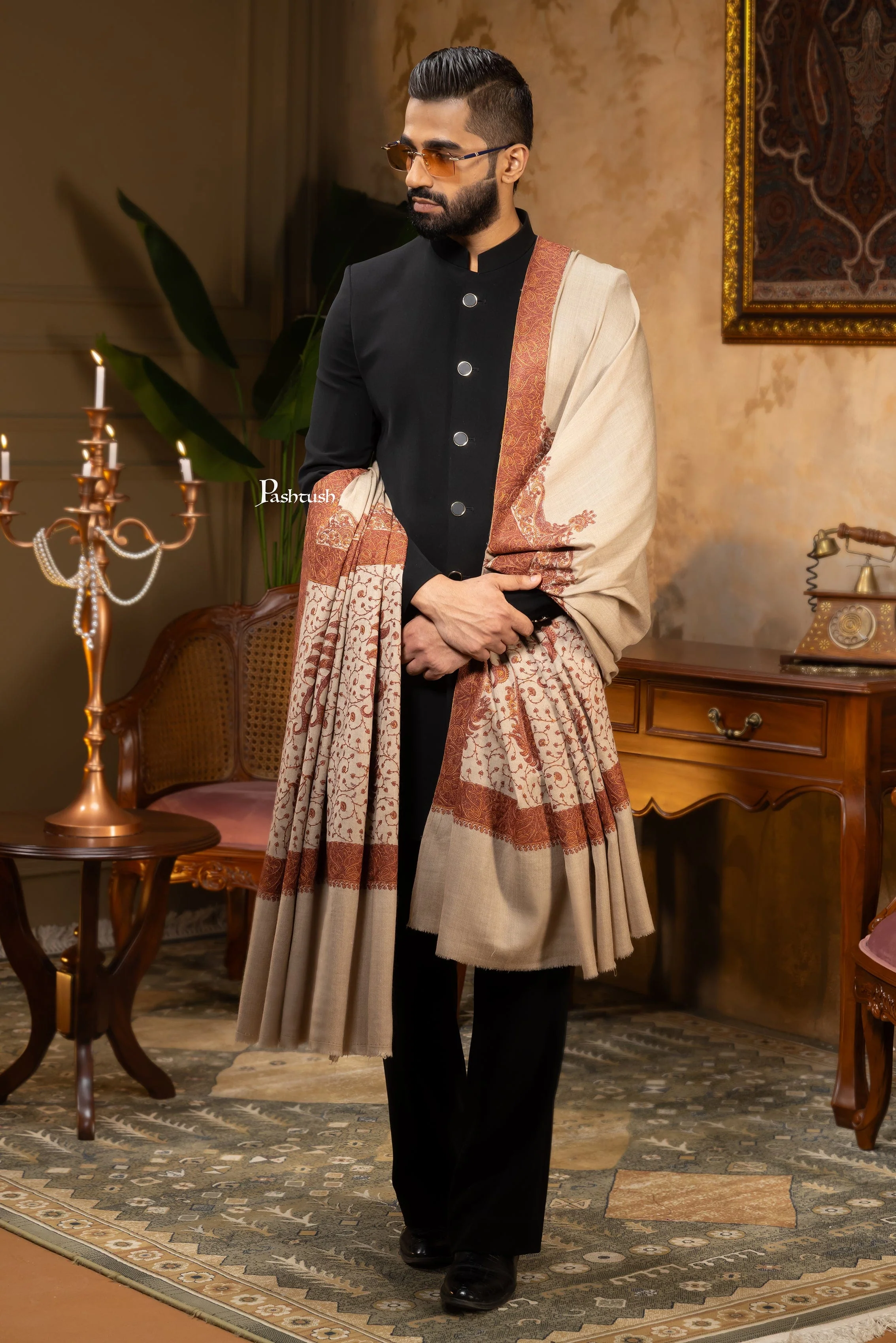 Pashtush Mens Shawl, Fine Wool, Full Size, Palla Embroidery, Taupe - Image 4