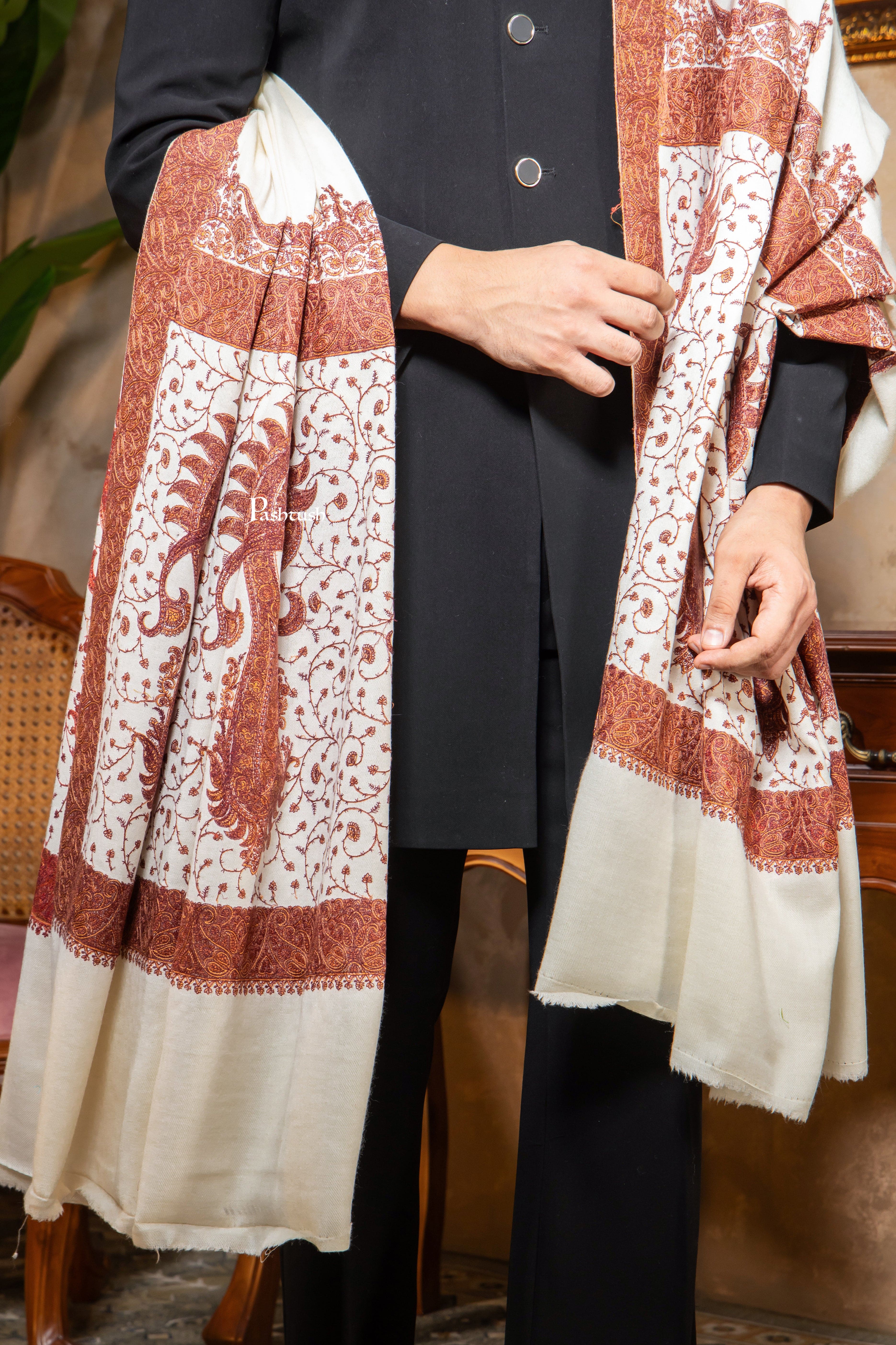 Pashtush Mens Shawl, Kashmiri Embroidery, Soft and Warm, Palla Design Intricate stitch, Ivory - Image 2