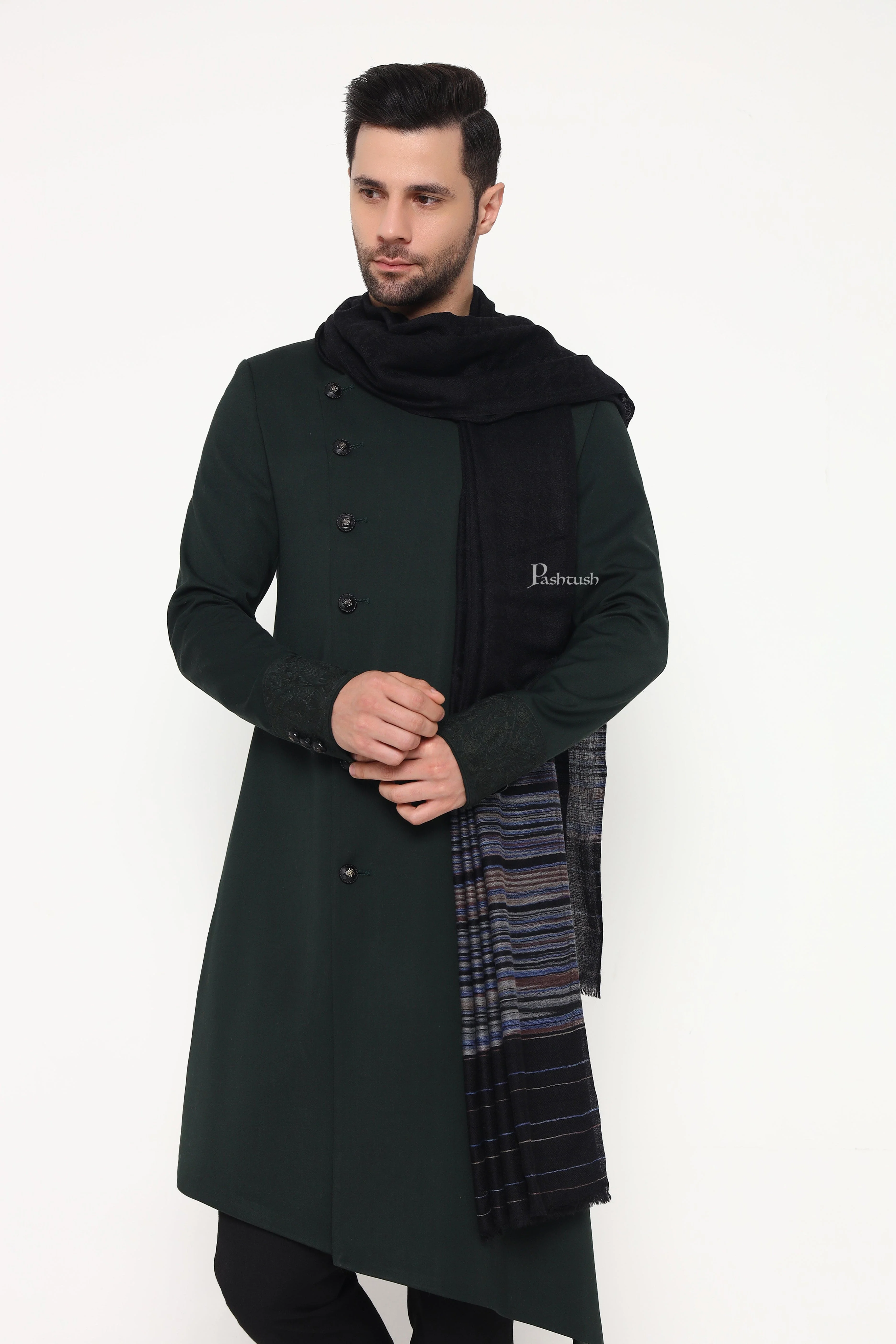 Pashtush Mens Shawl, Reversible Design, Black - Image 6