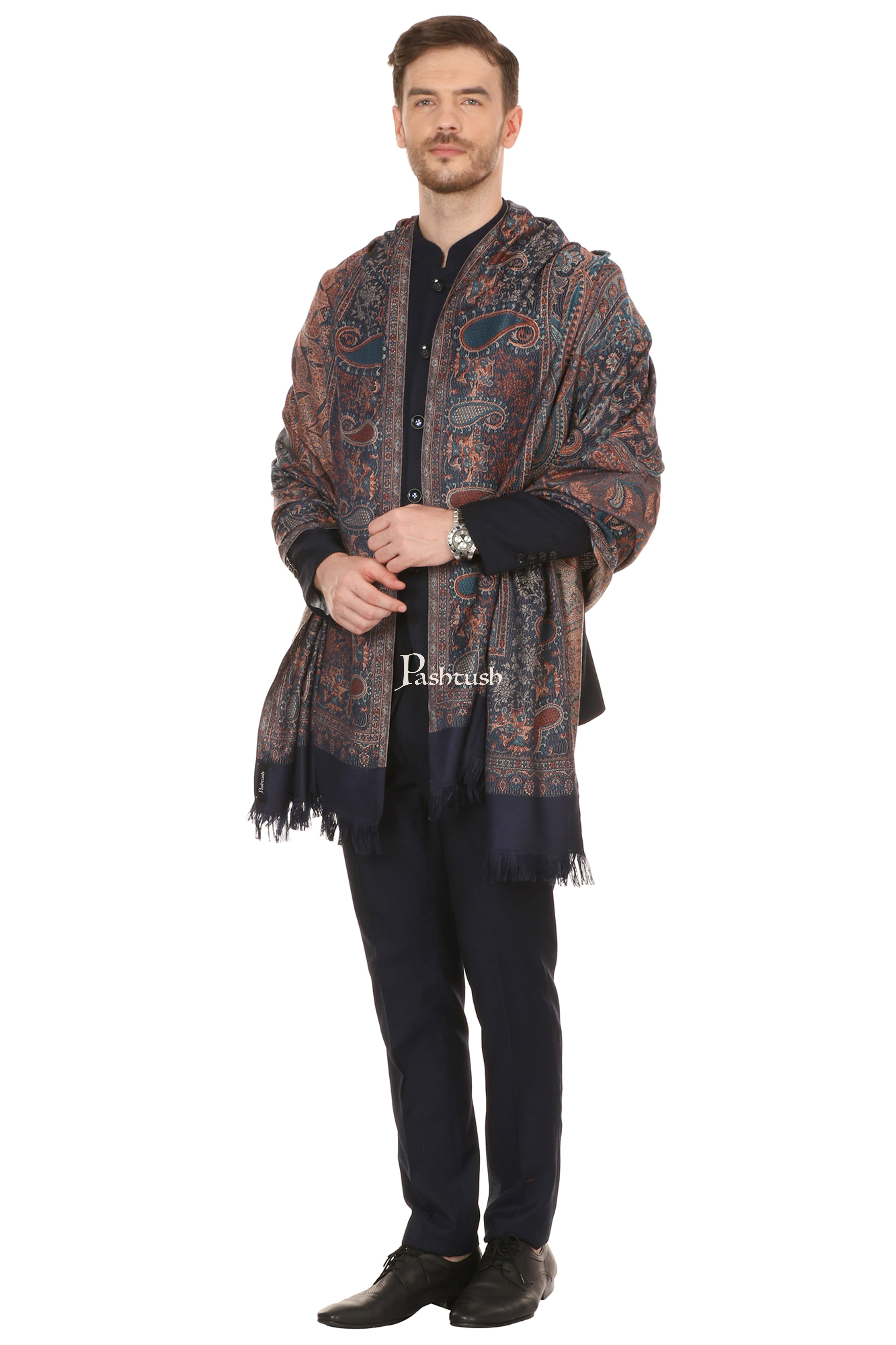 Pashtush Mens Jamawar Stole, Fine Soft Ethnic Stole Navy Blue - Image 3