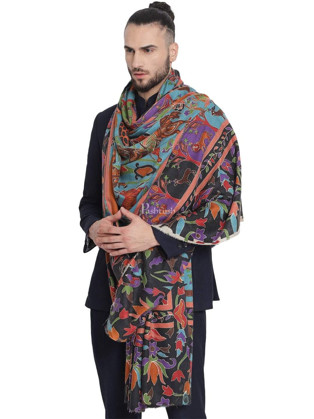 Pashtush Mens Shikaar-Dar Hand Embroidered, Shawl In Fine Wool