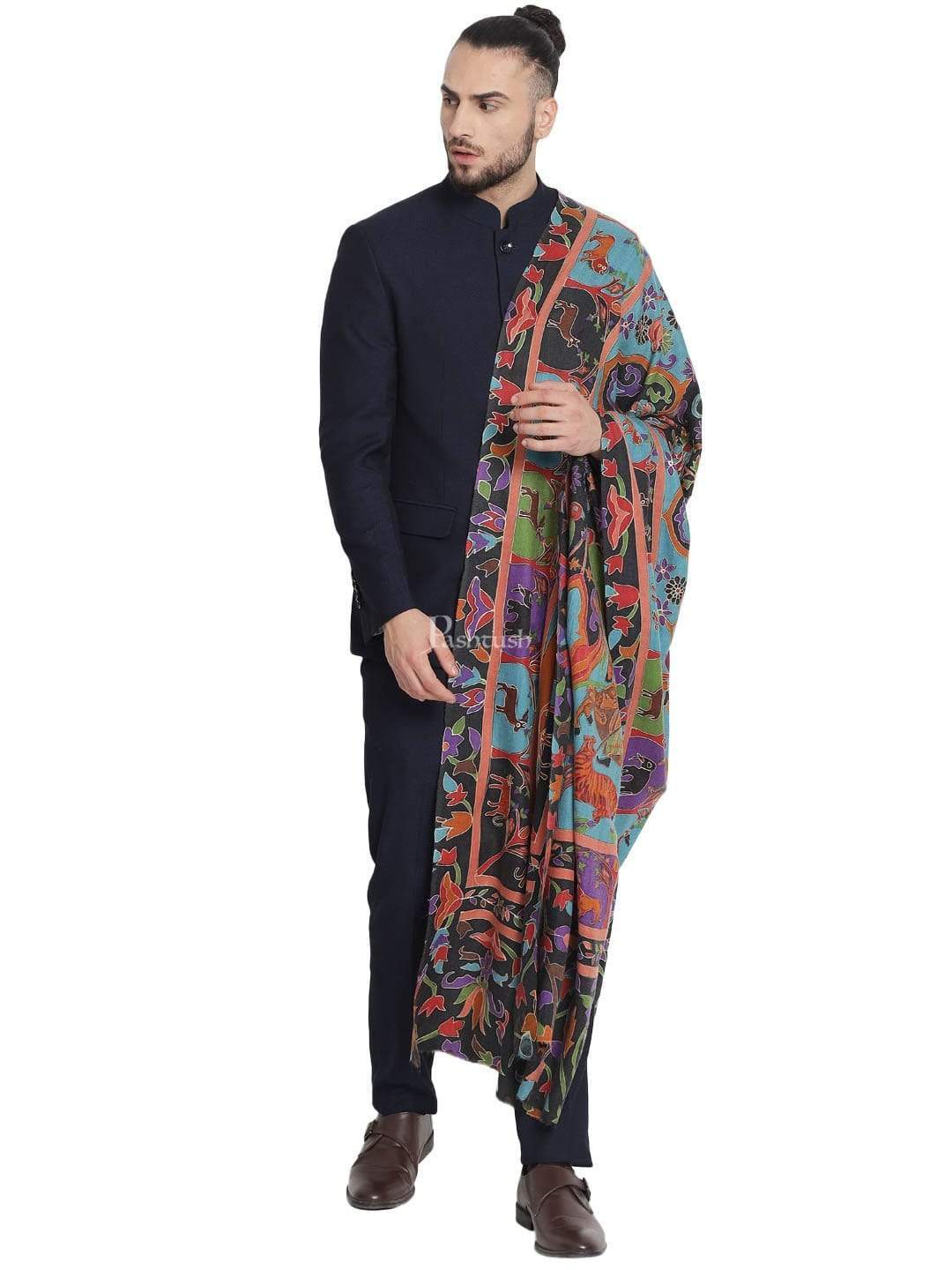 Pashtush Mens Shikaar-Dar Hand Embroidered, Shawl In Fine Wool - Image 4