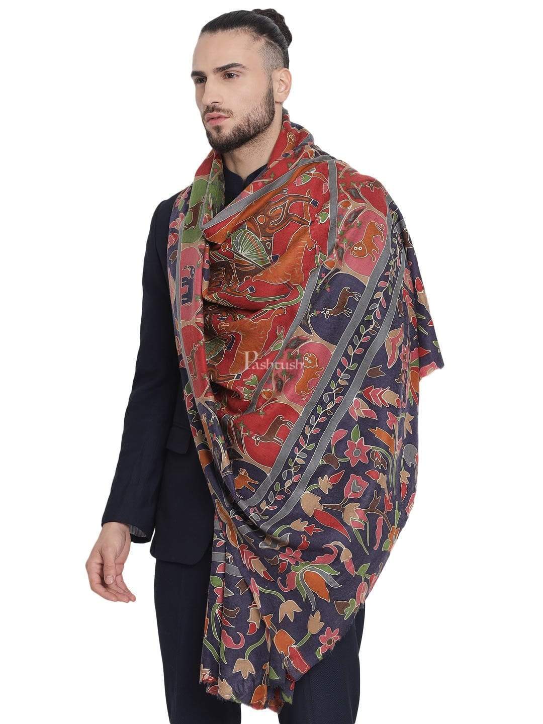 Pashtush Mens Shikaar-Dar Hand Embroidered, Shawl In Fine Wool - Image 5