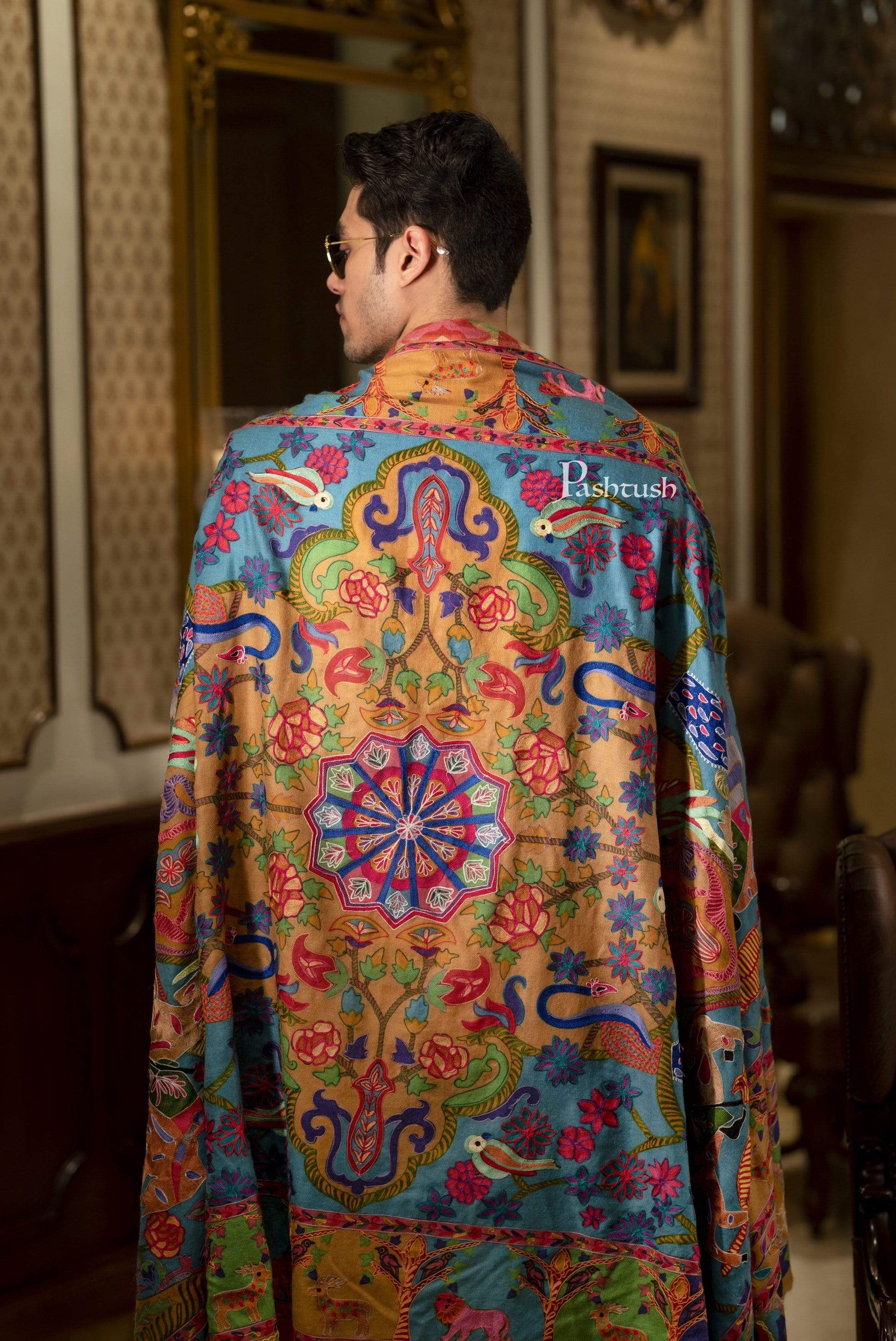 Pashtush Mens Shikaar-Dar Hand Embroidered, Shawl In Fine Wool - Image 10