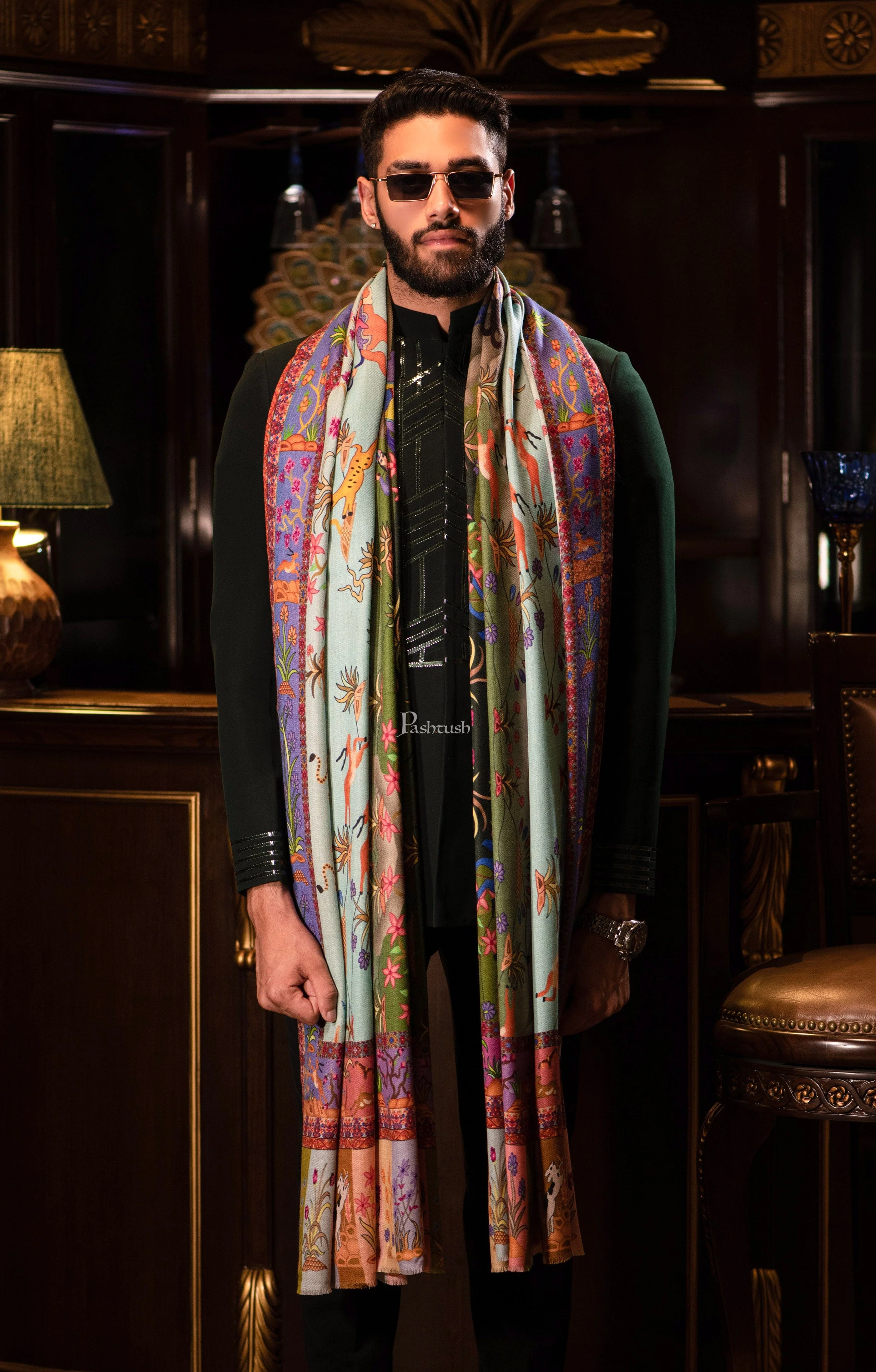 Pashtush Mens Shikaardar Shawl, 100% Pure Wool, Woolmark Certified, Full Size, Multicolour - Image 4
