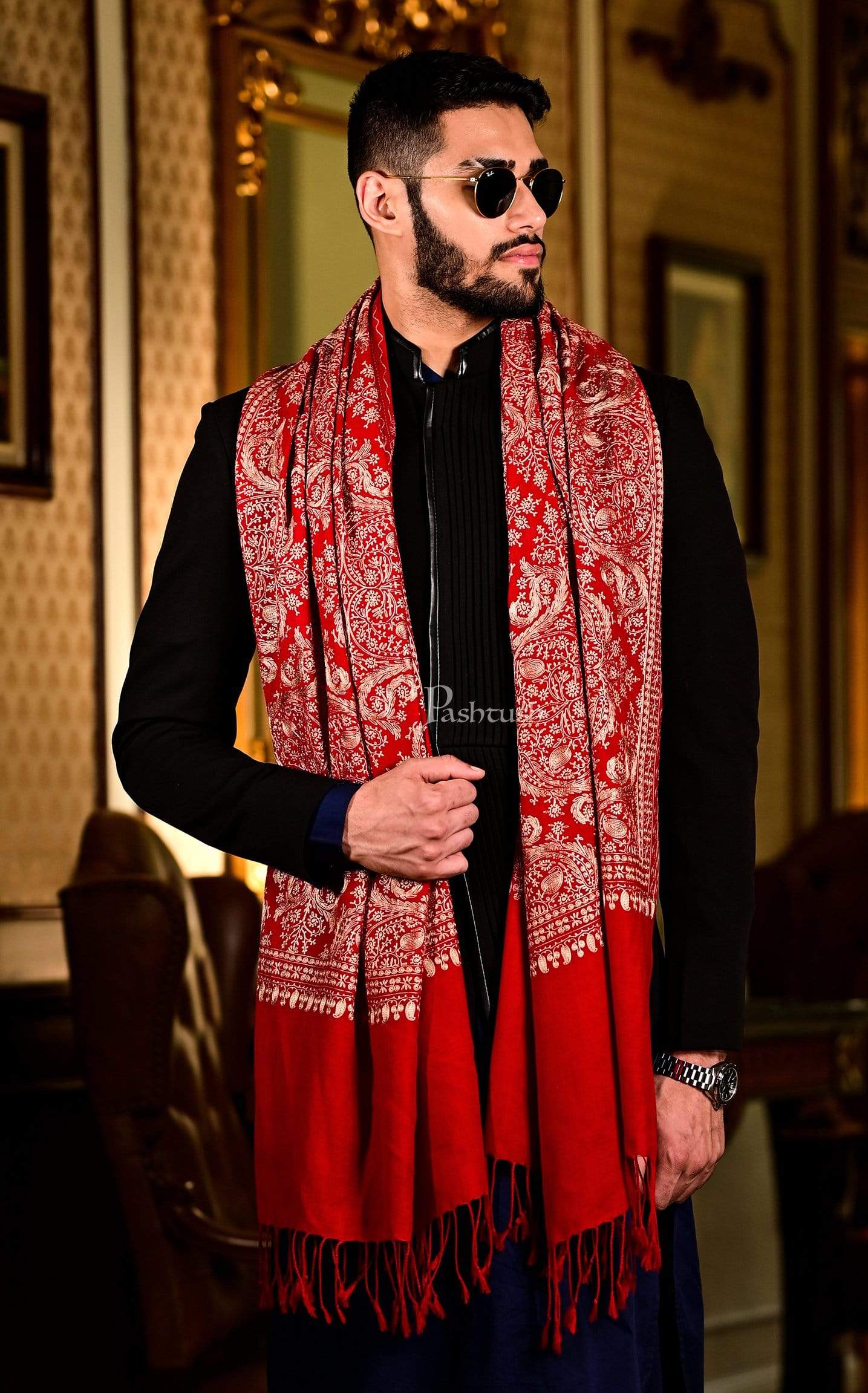Pashtush Mens Silk-Fine Wool Fine Wool, Nalki Embroidery Needlework Stole - Image 4