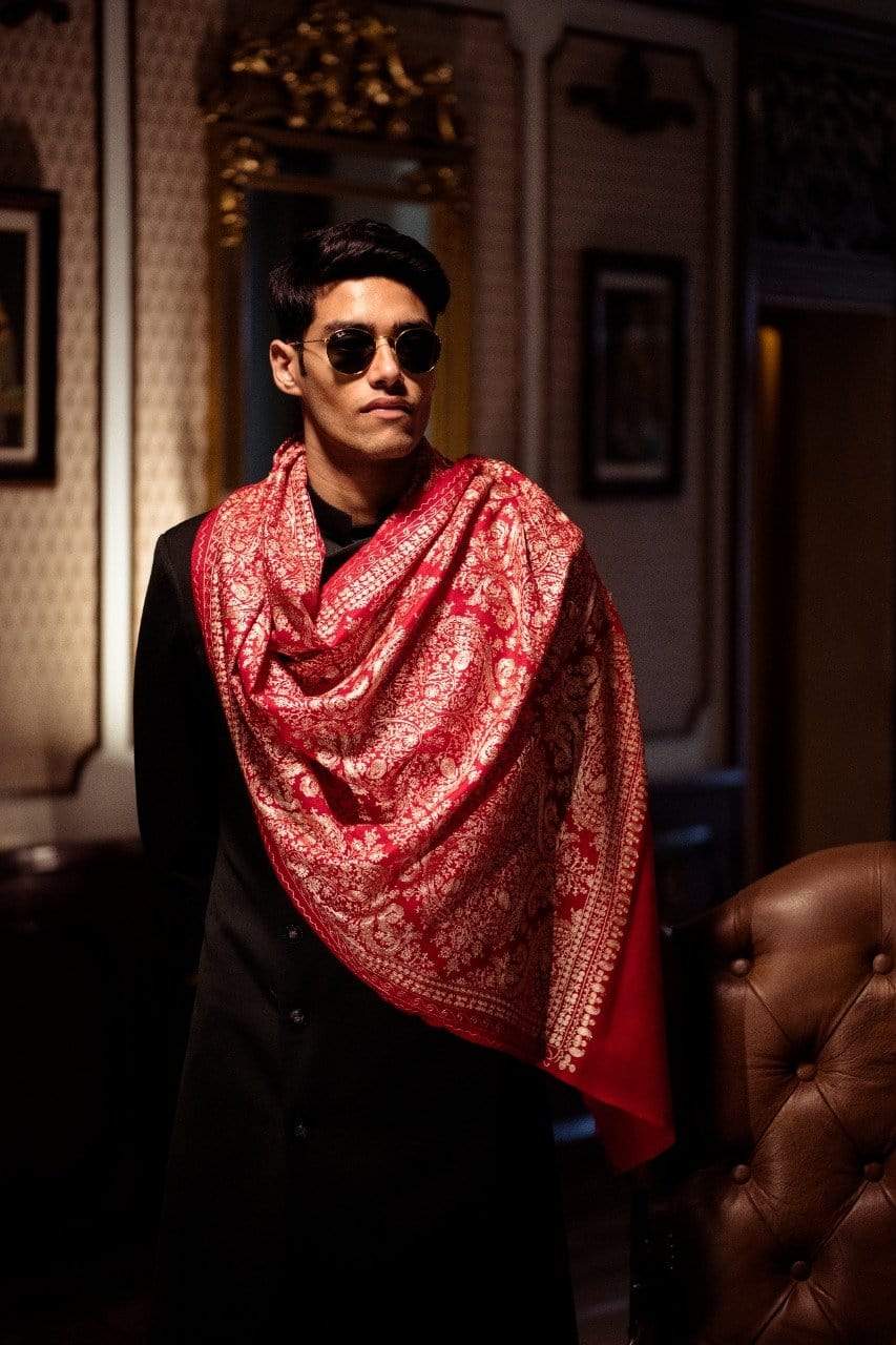 Pashtush Mens Silk-Fine Wool Fine Wool, Nalki Embroidery Needlework Stole - Image 6
