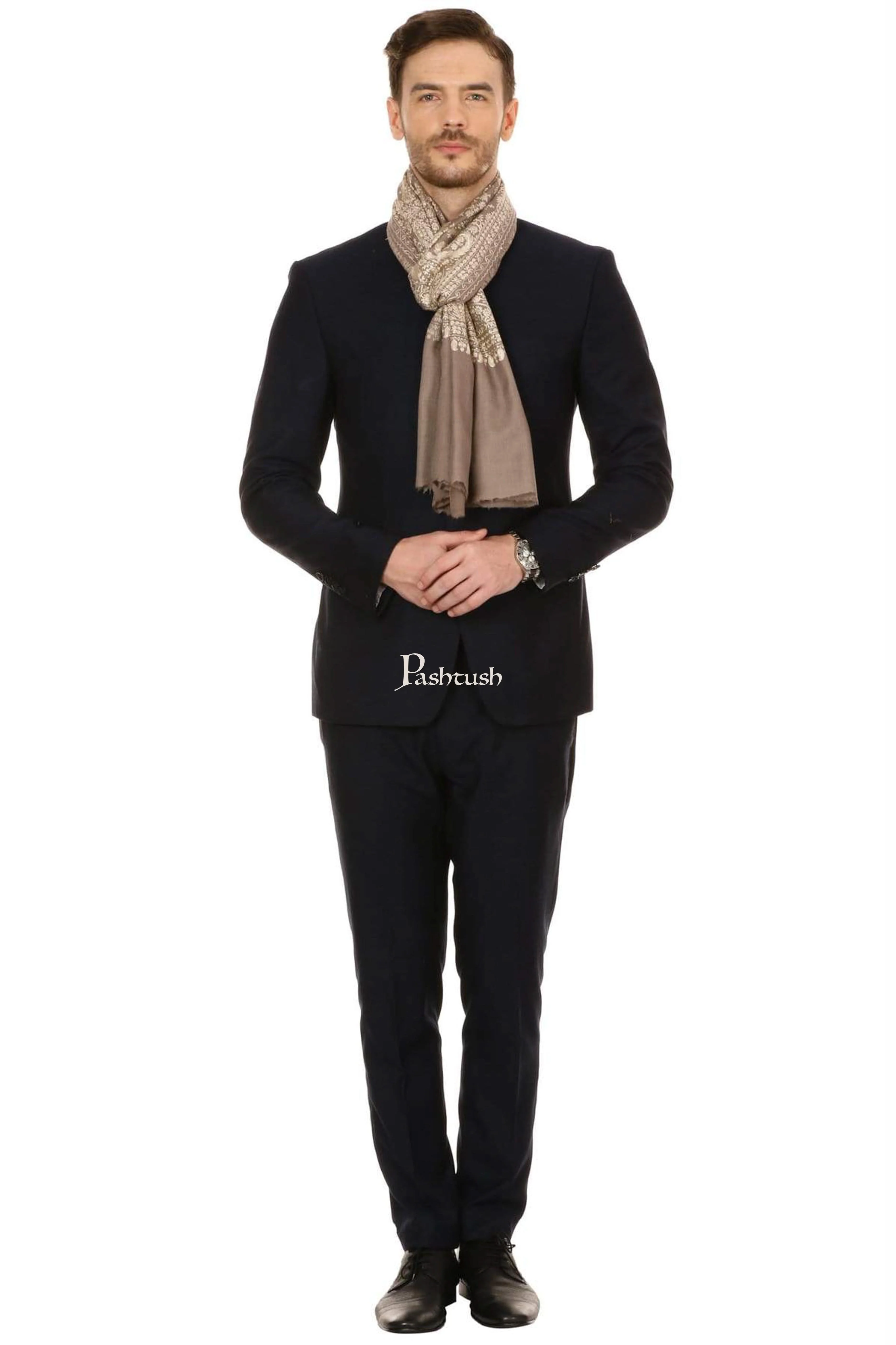 Pashtush Mens Silk-Fine Wool Fine Wool, Nalki Embroidery Needlework Stole - Beige - Image 5