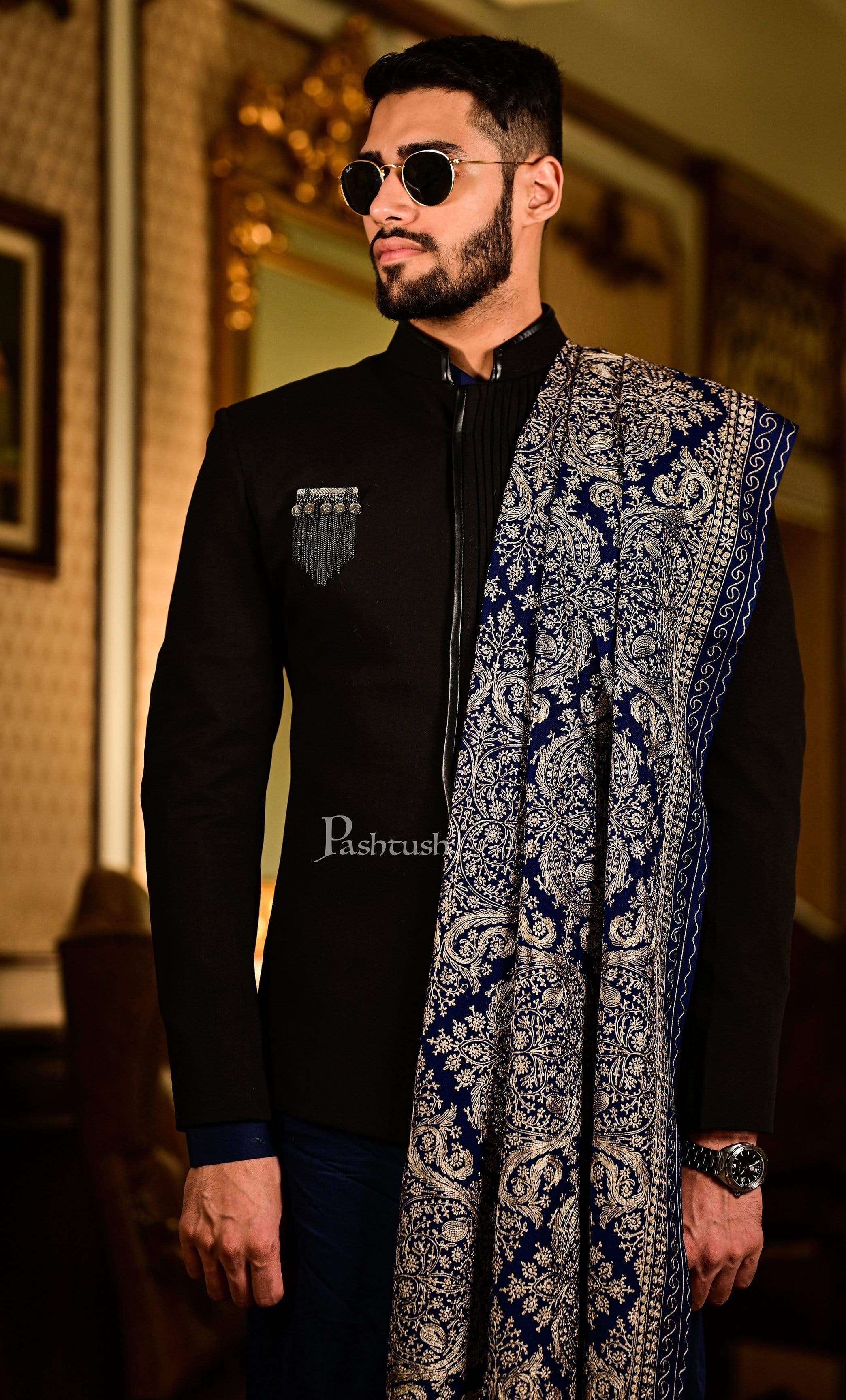 Pashtush Mens Silk-Fine Wool Fine Wool, Nalki Embroidery Needlework Stole - Image 4