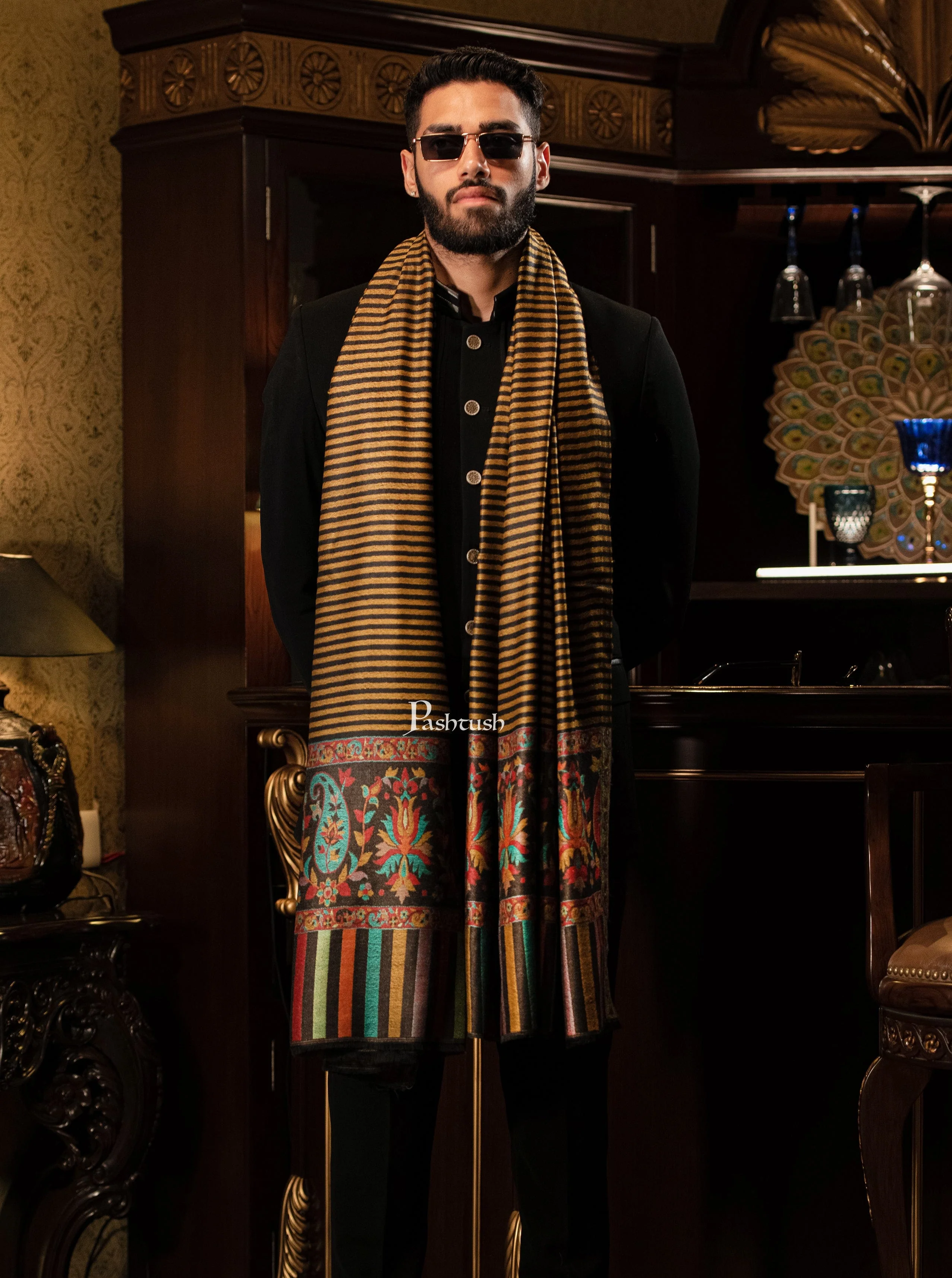 Pashtush Mens Soft Wool Cashmere Blended Stole With Ethnic Weave Palla, Multicolour - Image 2