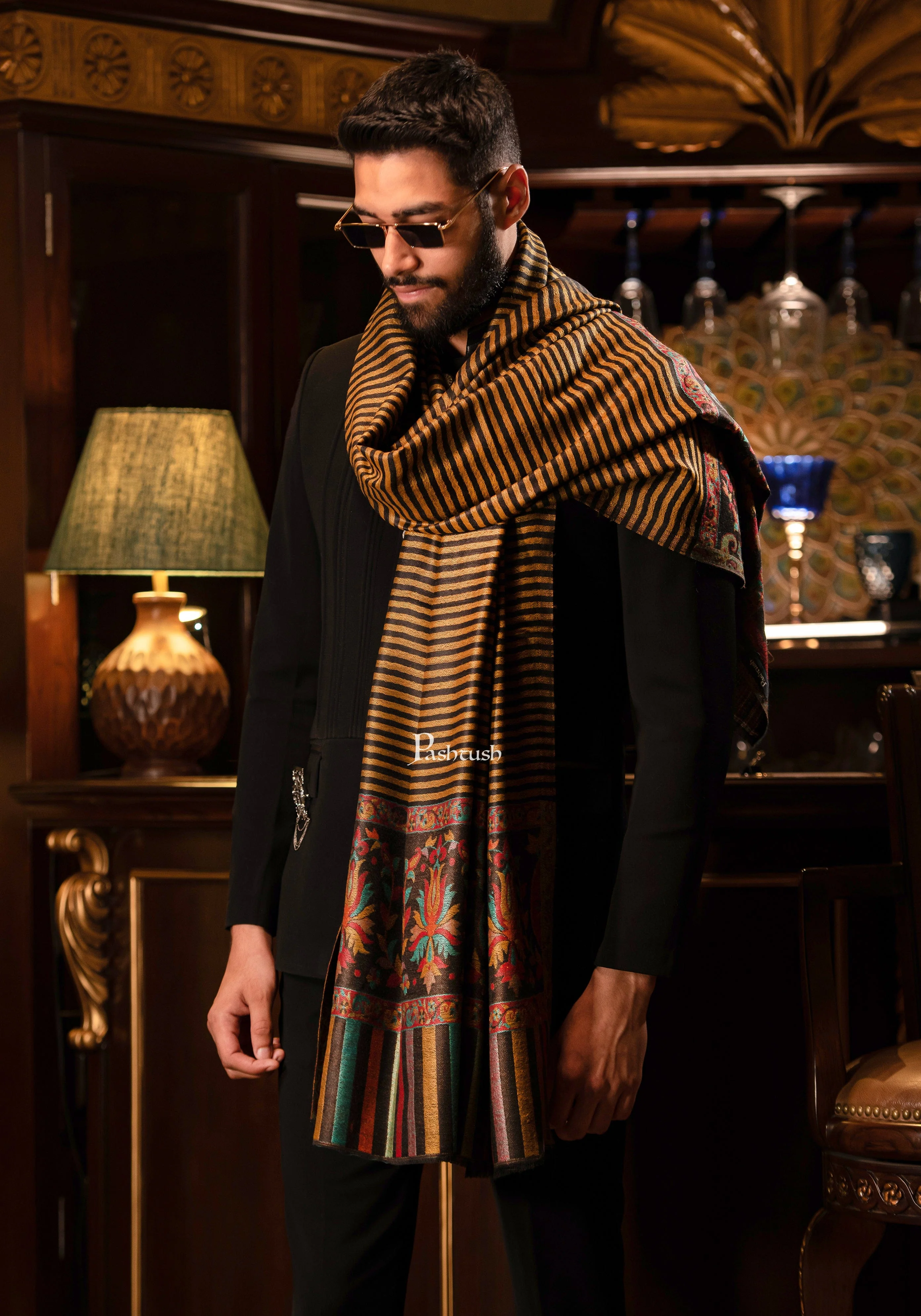 Pashtush Mens Soft Wool Cashmere Blended Stole With Ethnic Weave Palla, Multicolour - Image 3