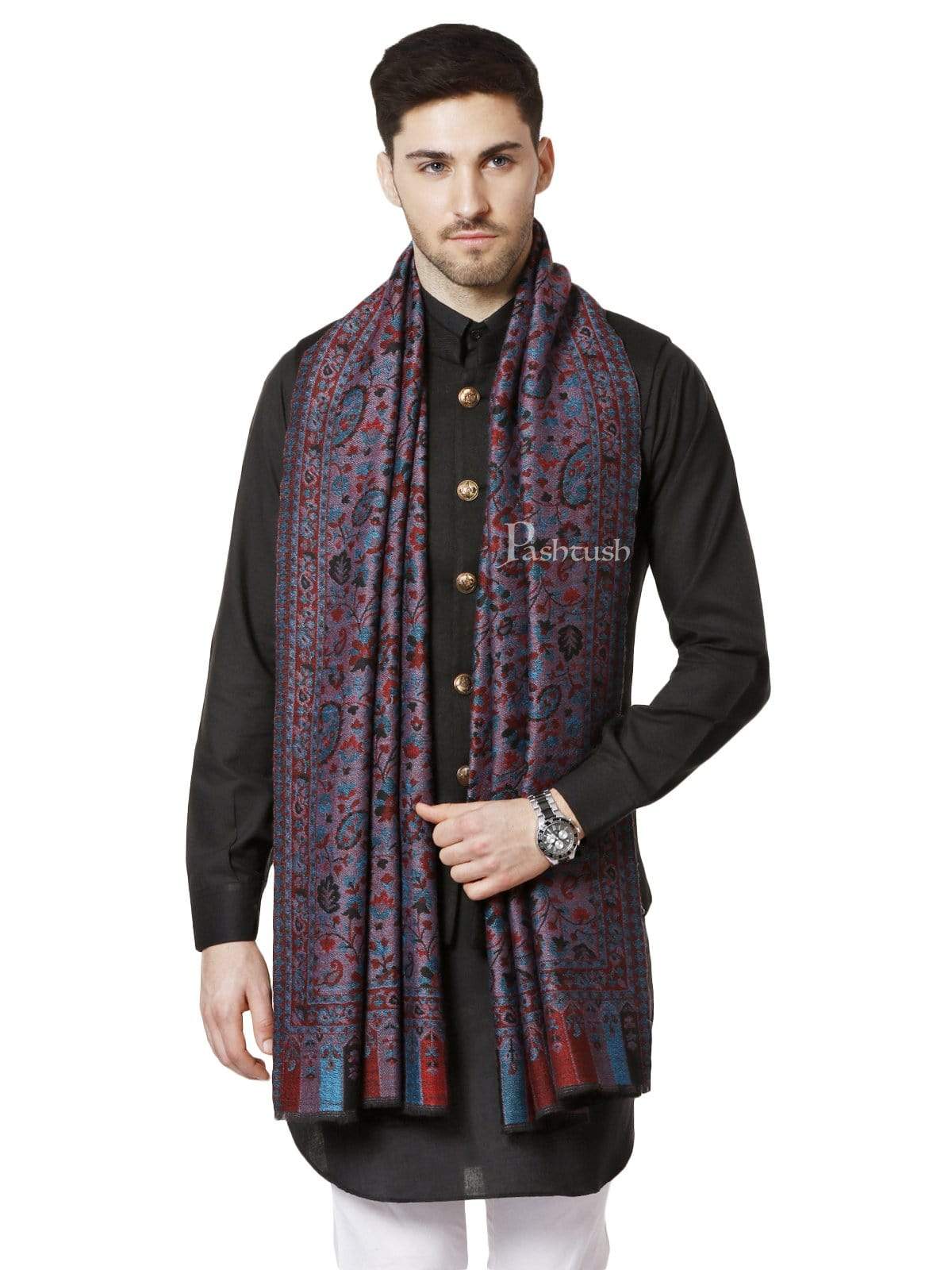 Pashtush Mens Soft Wool, Reversible Stole, Scarf, Ethnic Weave, Black - Image 6