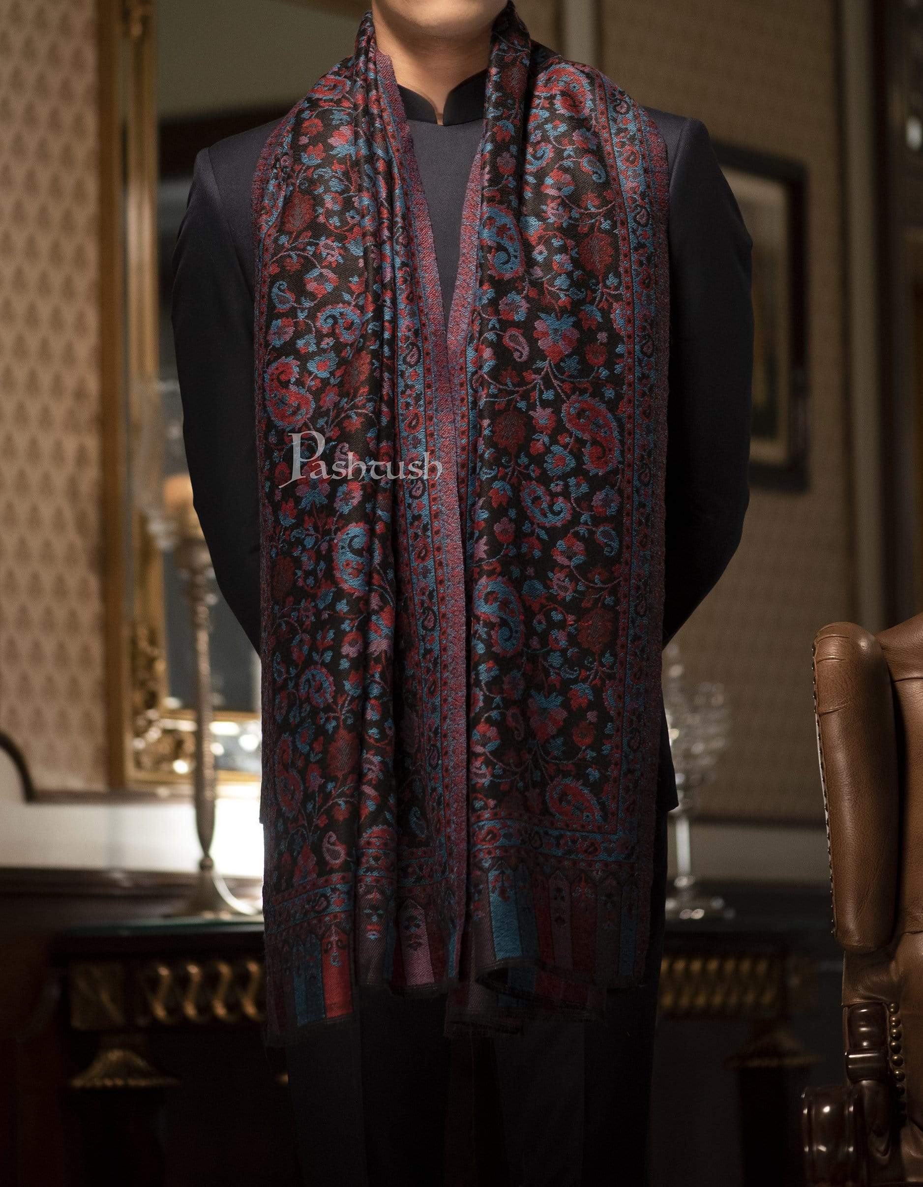 Pashtush Mens Soft Wool, Reversible Stole, Scarf, Ethnic Weave, Black - Image 4
