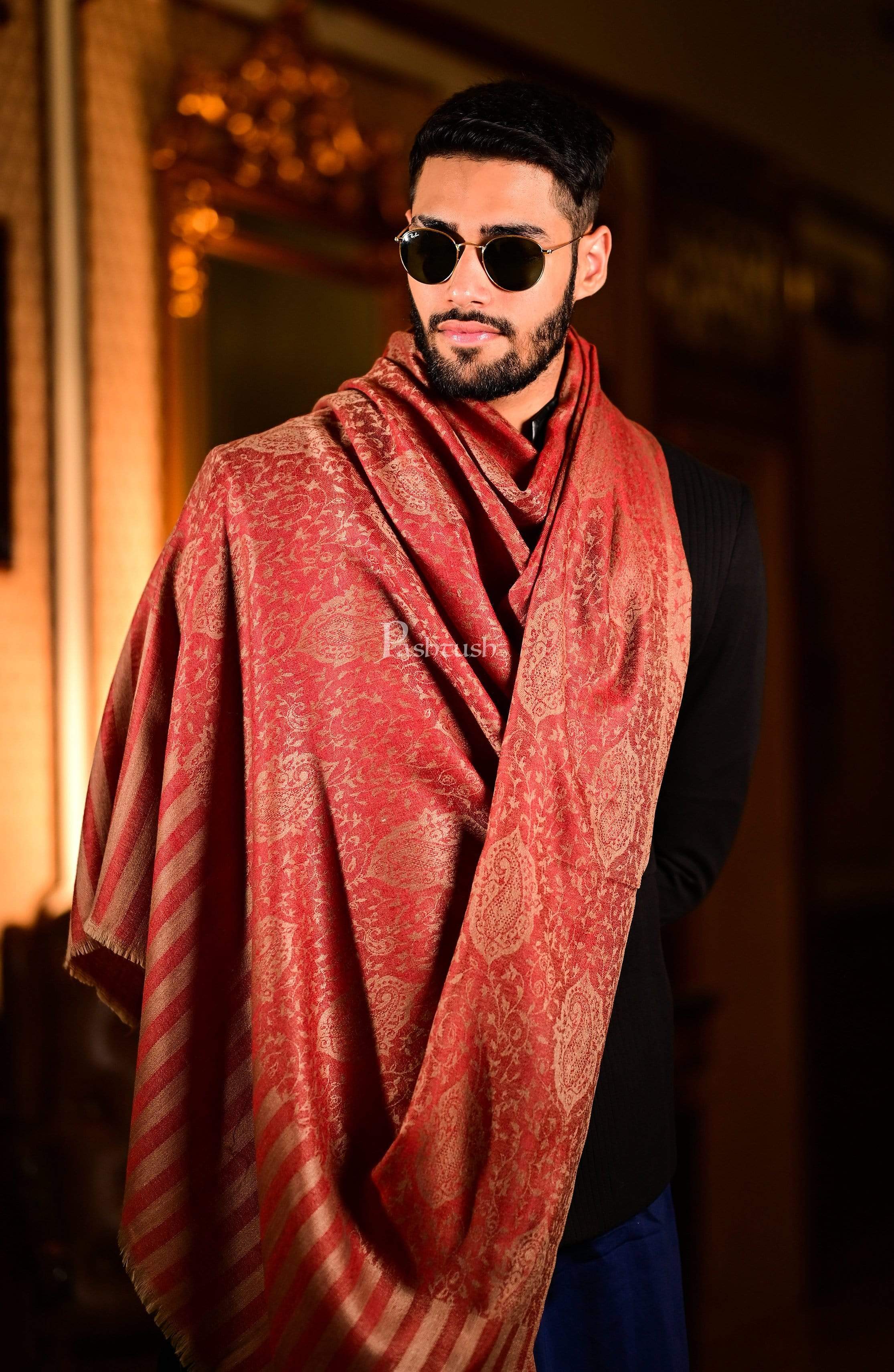 Pashtush Mens Soft Wool, Reversible Stole Scarf, Self Paisley Weave, Ruby