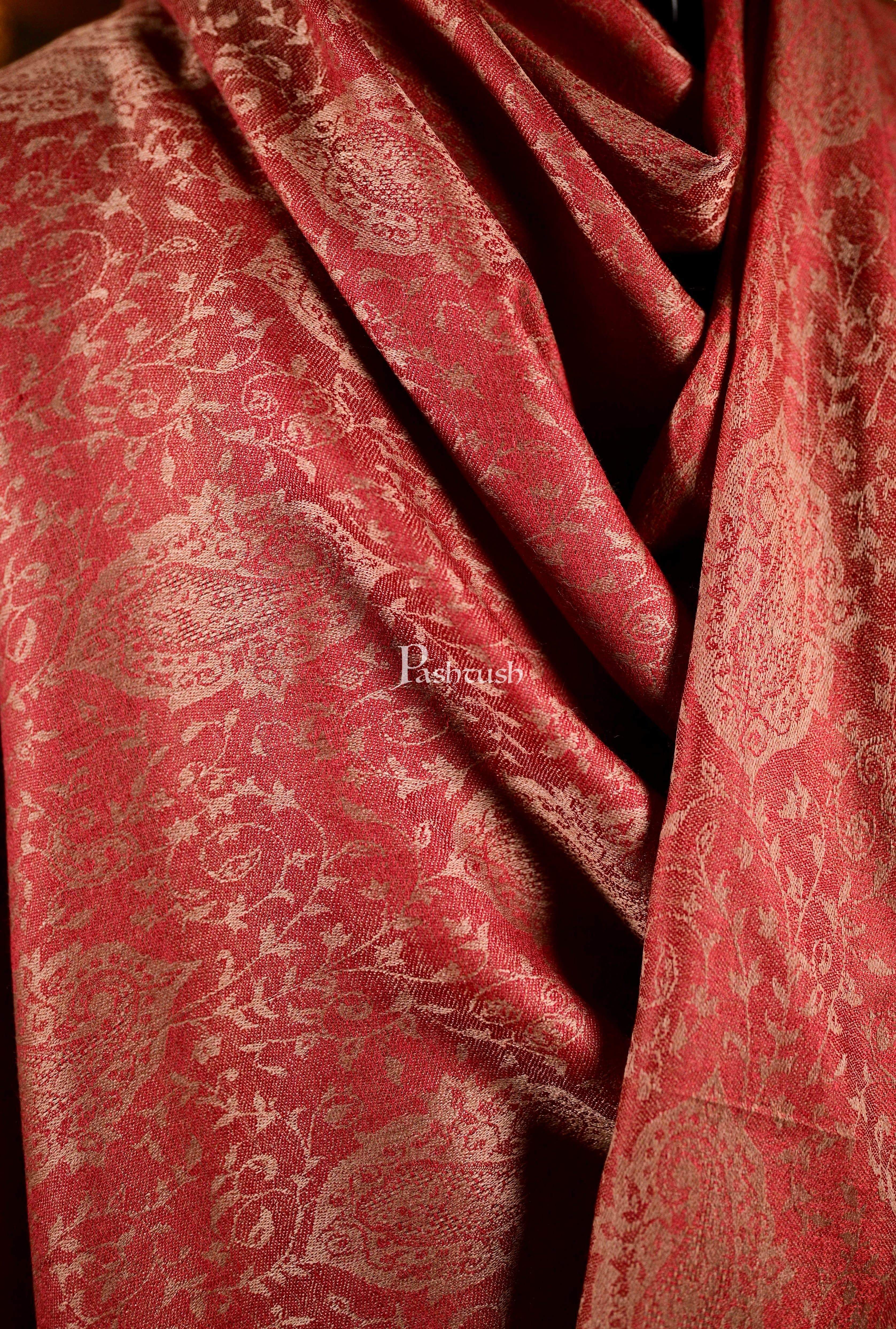 Pashtush Mens Soft Wool, Reversible Stole Scarf, Self Paisley Weave, Ruby - Image 2