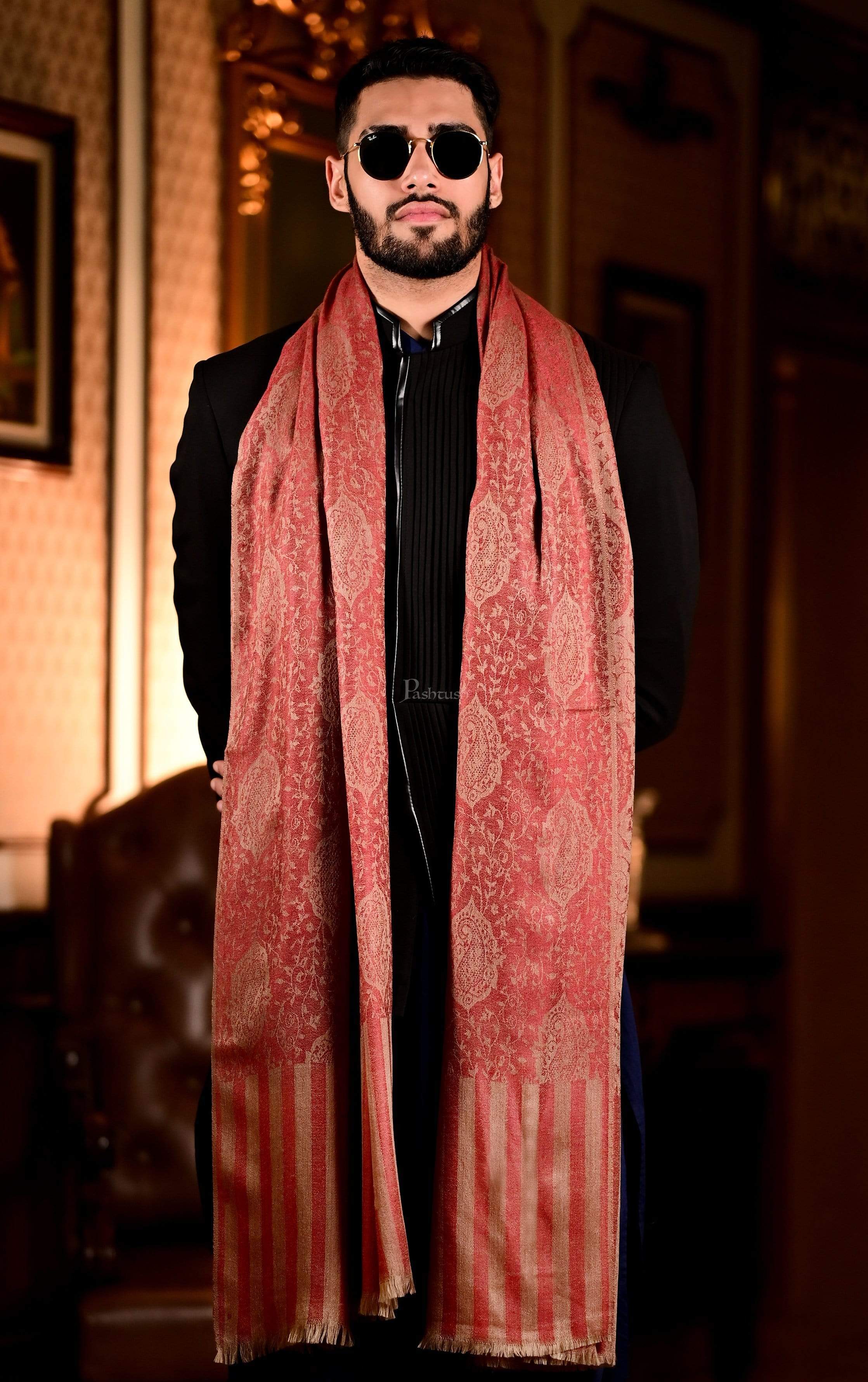 Pashtush Mens Soft Wool, Reversible Stole Scarf, Self Paisley Weave, Ruby - Image 3