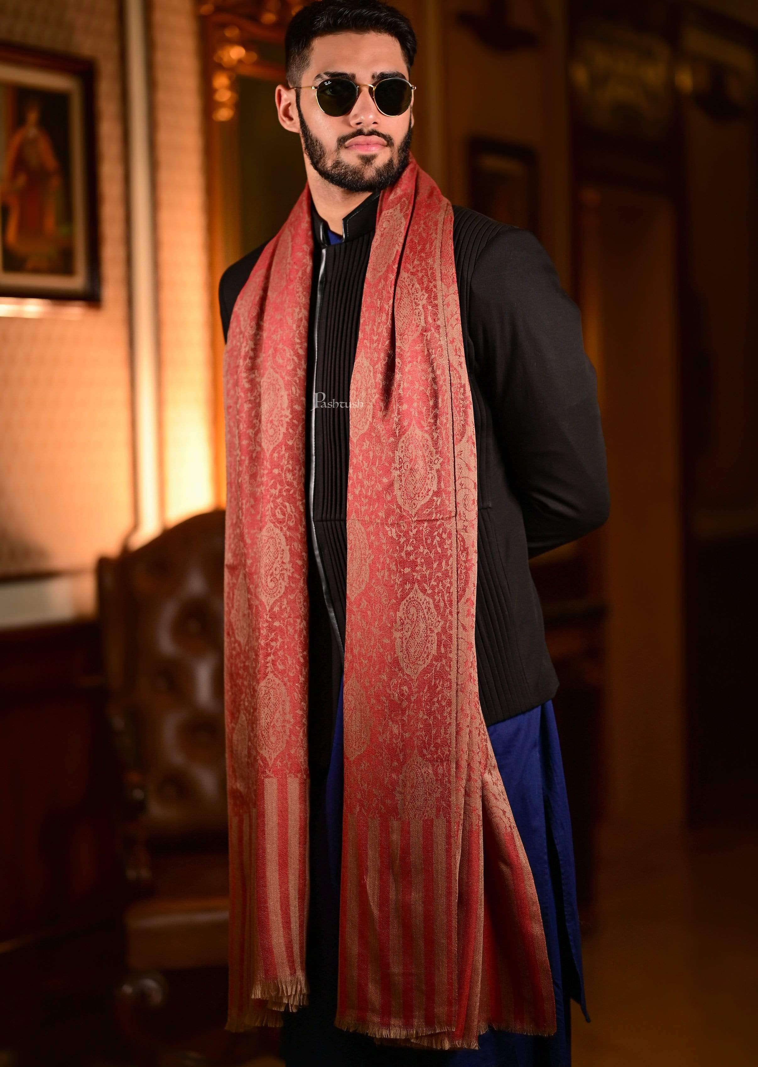 Pashtush Mens Soft Wool, Reversible Stole Scarf, Self Paisley Weave, Ruby - Image 4