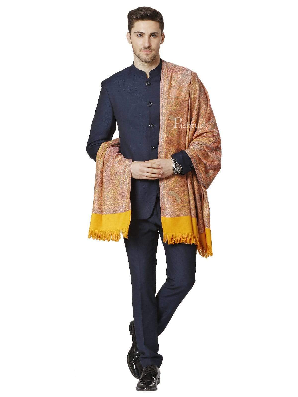 Pashtush Mens Jamawar Stole, Reversible, Mustard - Image 3