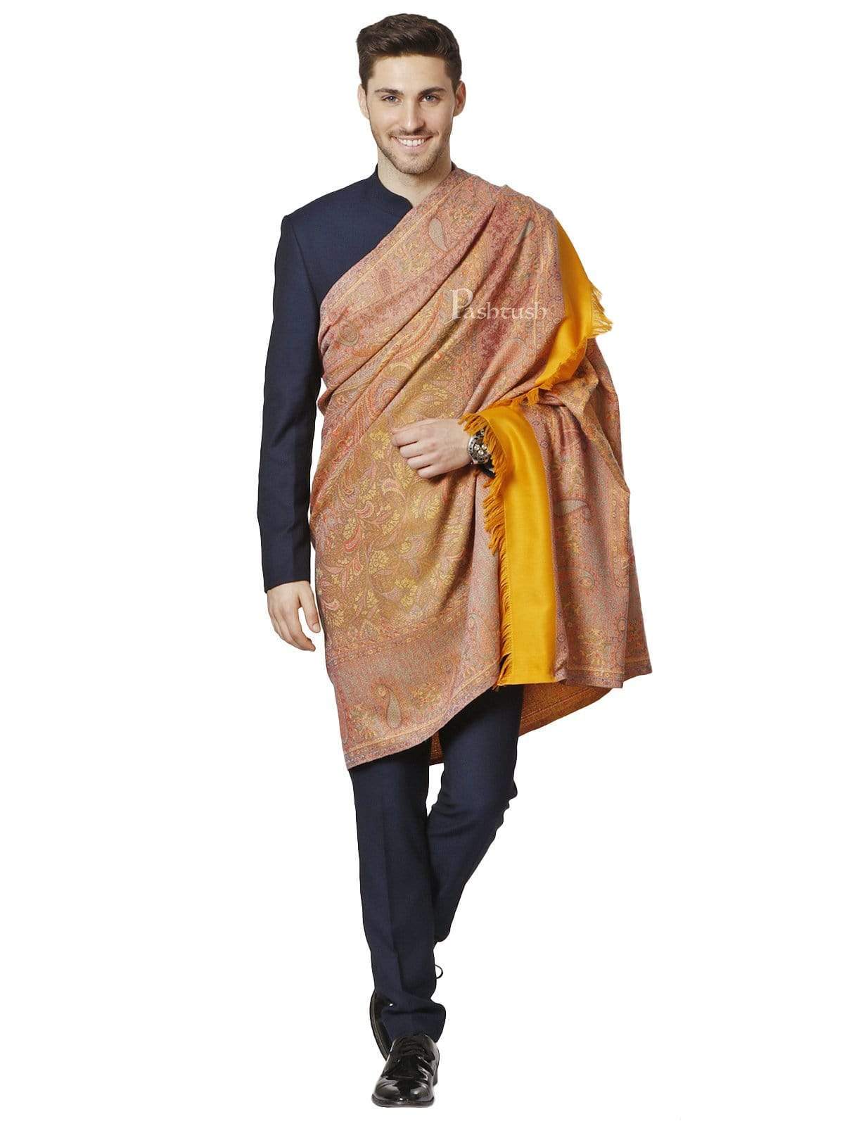 Pashtush Mens Jamawar Stole, Reversible, Mustard - Image 4
