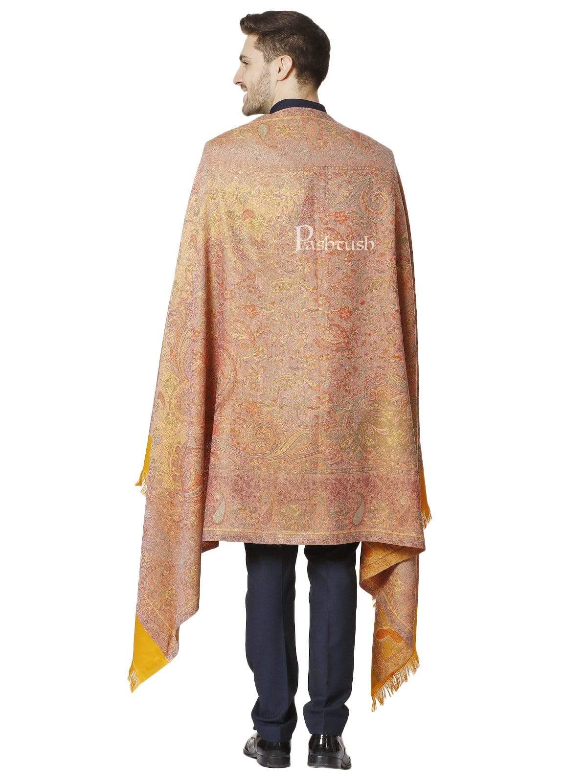 Pashtush Mens Jamawar Stole, Reversible, Mustard - Image 5
