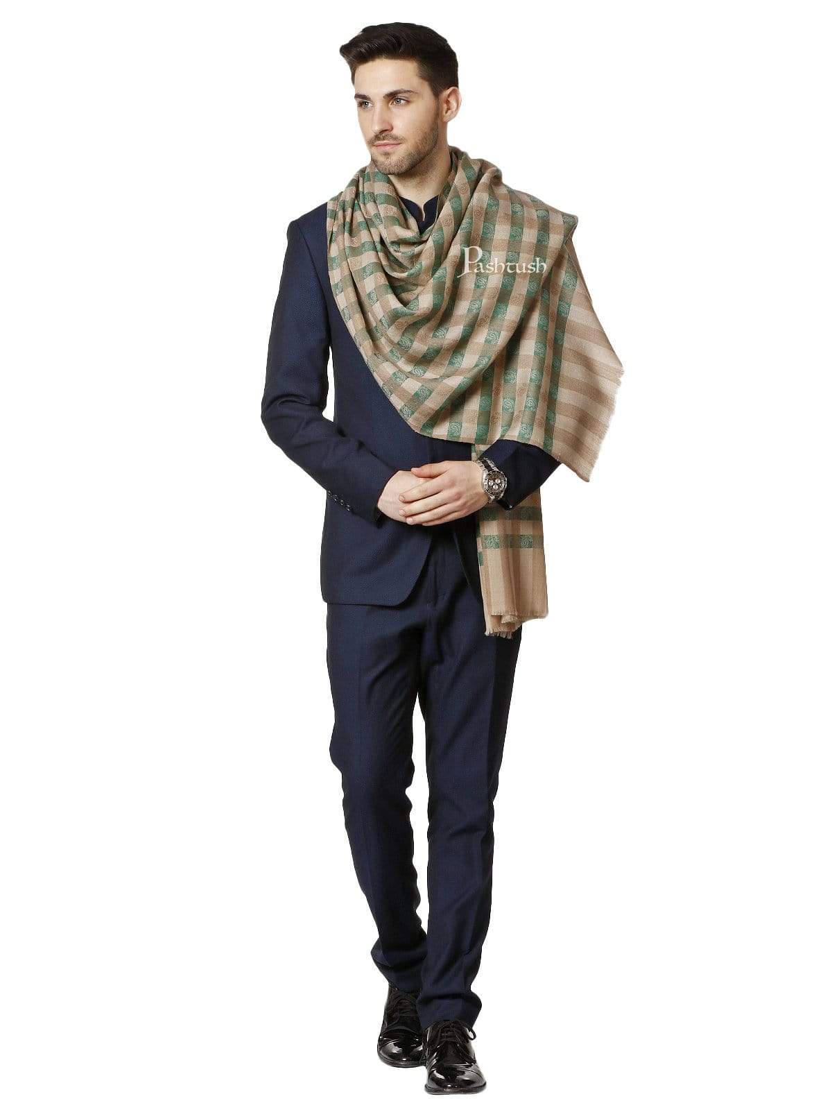 Pashtush Mens Fine Wool Checkered Stole, Green And Beige - Image 3