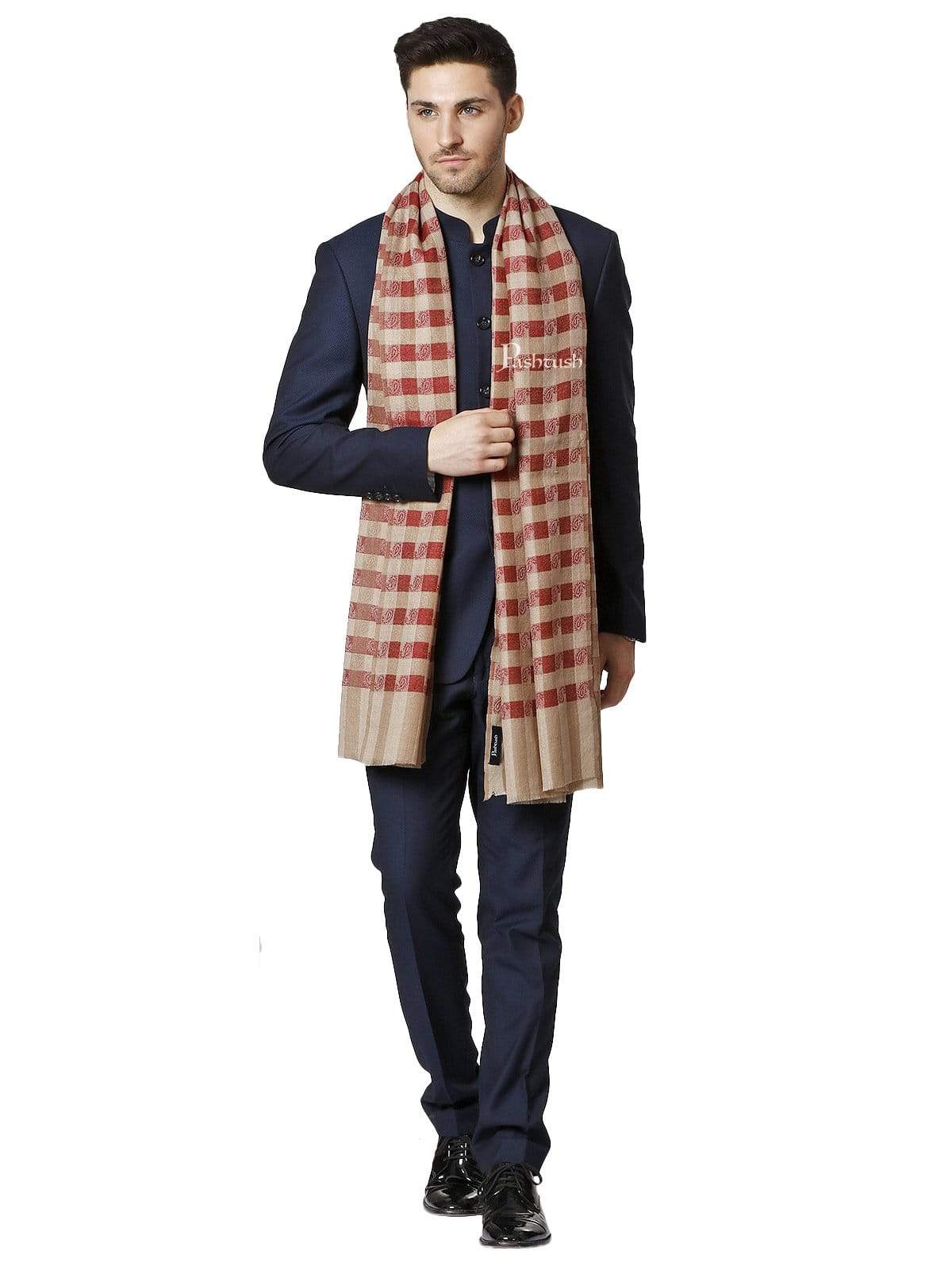 Pashtush Mens Fine Wool Checkered Stole, Crimson And Beige - Image 2