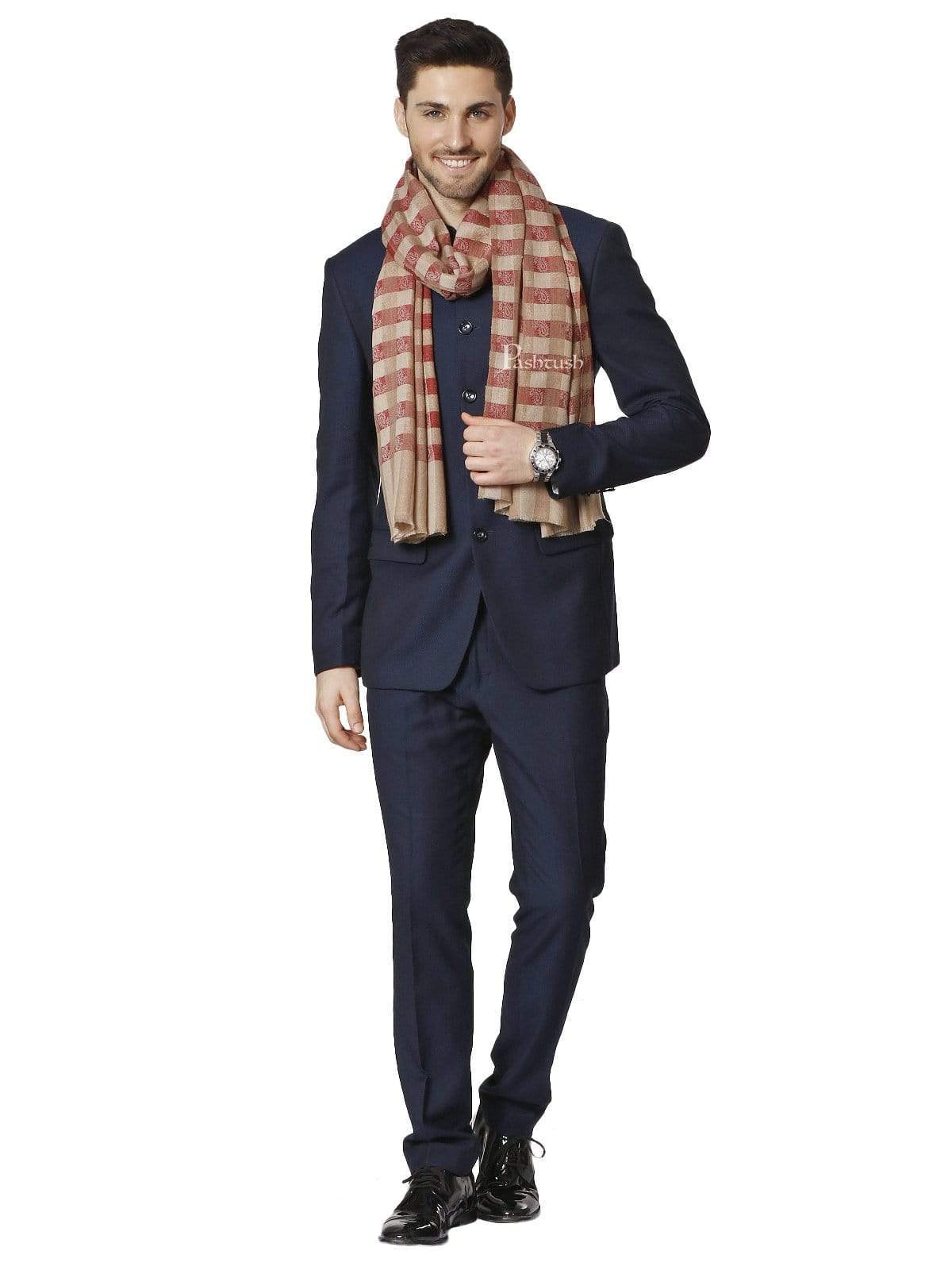 Pashtush Mens Fine Wool Checkered Stole, Crimson And Beige - Image 3