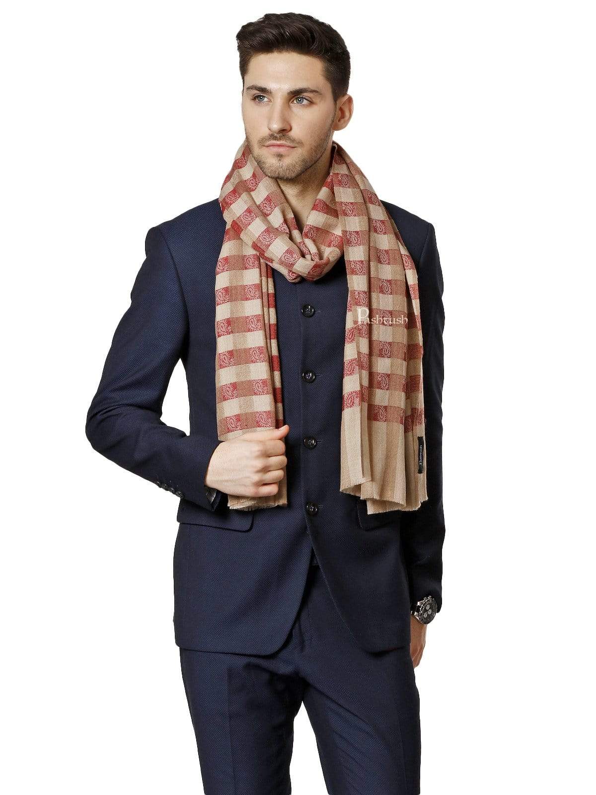 Pashtush Mens Fine Wool Checkered Stole, Crimson And Beige - Image 4
