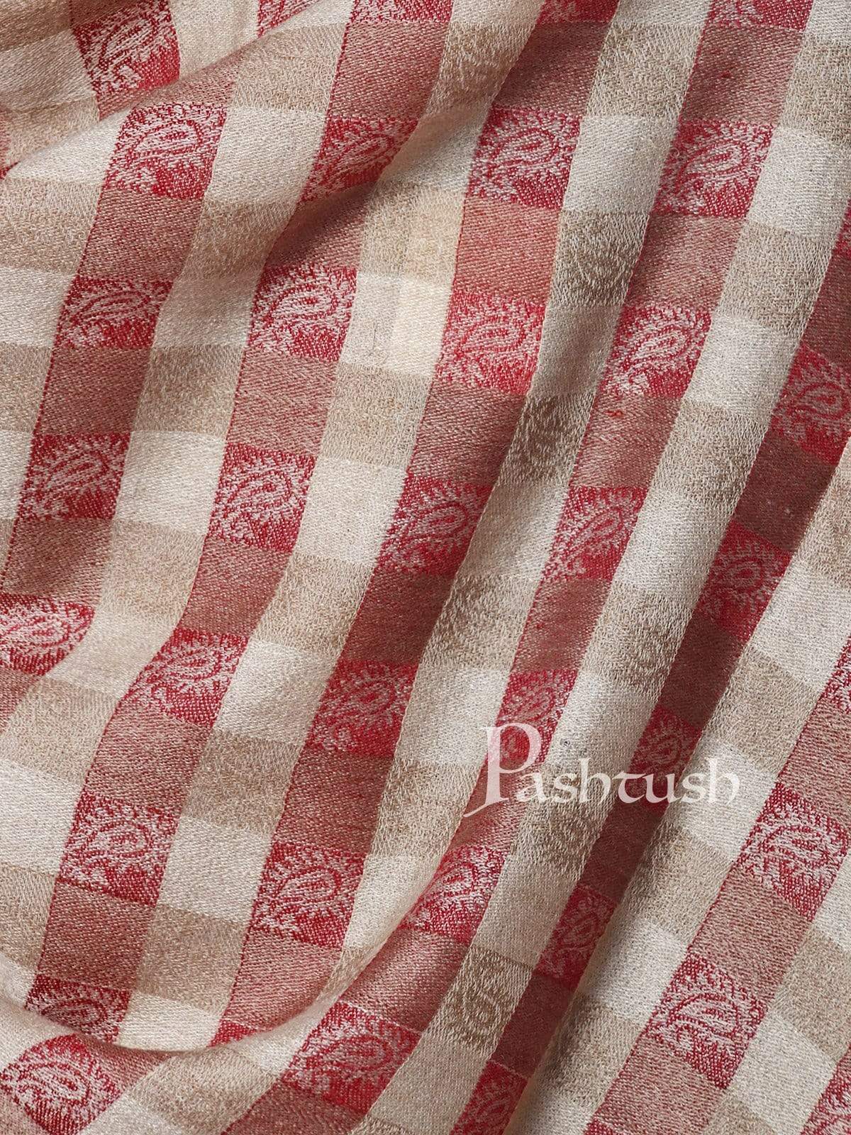 Pashtush Mens Fine Wool Checkered Stole, Crimson And Beige - Image 5